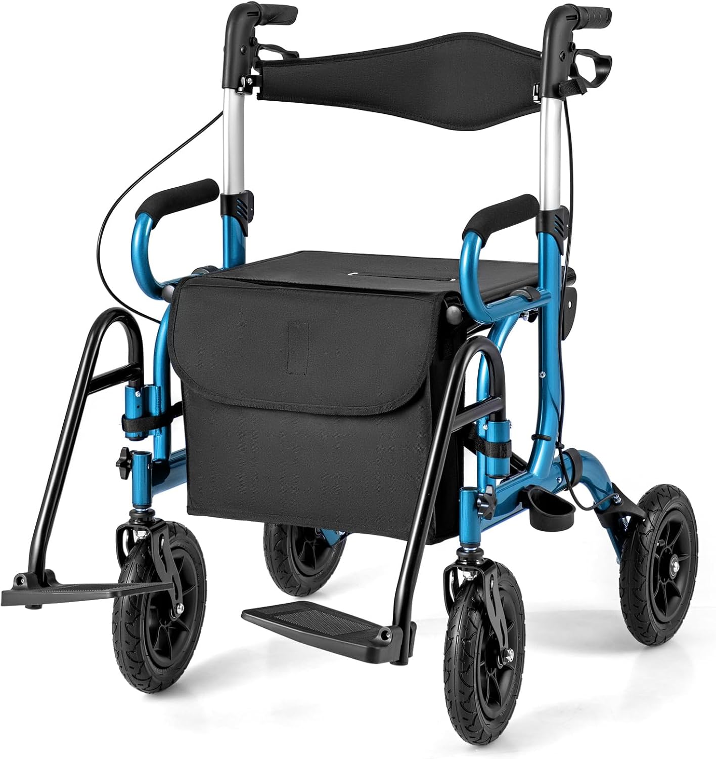 RELAX4LIFE Rollator Foldable and Lightweight with Seat, Aluminum Wheelchair Travel Rollator, 6-Way Height Adjustable, Walking Aid with Stick Holder Bag, Walking Aid with 23 cm Tires for All Terrain
