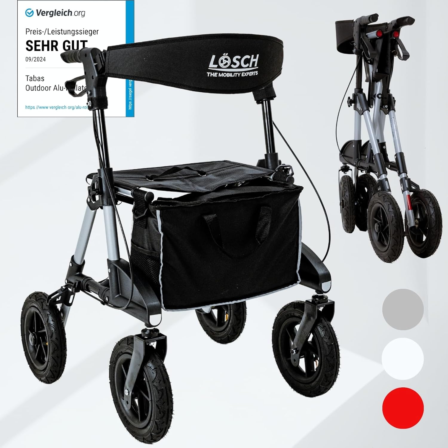 Lösch Rehab Rollator Tabas Size M I Foldable and Lightweight Smallest with Pneumatic Tires Including Seat, Bag and Stick Holder Height-Adjustable City Walking Aid