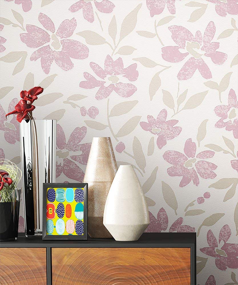 Newroom Design Floral Wallpaper Beige Non-Woven Wallpaper Pink Floral Modern Beautiful Mod