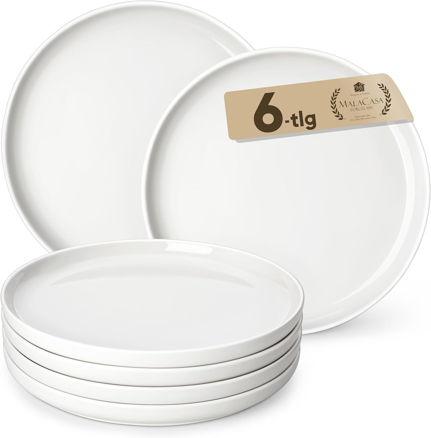 MALACASA Luna Dessert Plate Set for 6 People, Diameter 21 cm, Breakfast Plate Made of White Porcelain, Serving Plate with Raised Rim for Cakes, Salads and Appetizers