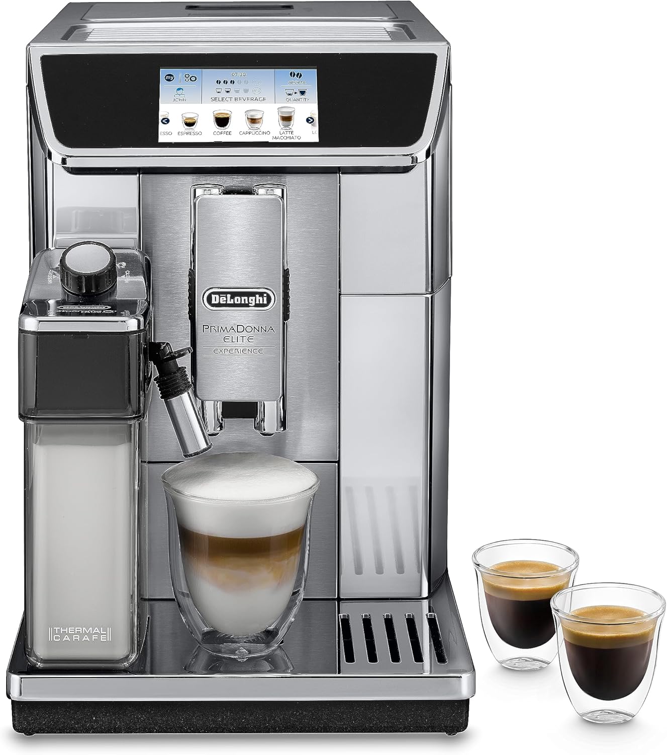 De\'Longhi PrimaDonna Elite Fully Automatic Coffee Machine with Milk System, Cappuccino and Espresso at the Touch of a Button, Color Display and App Control, Stainless Steel Front, Silver