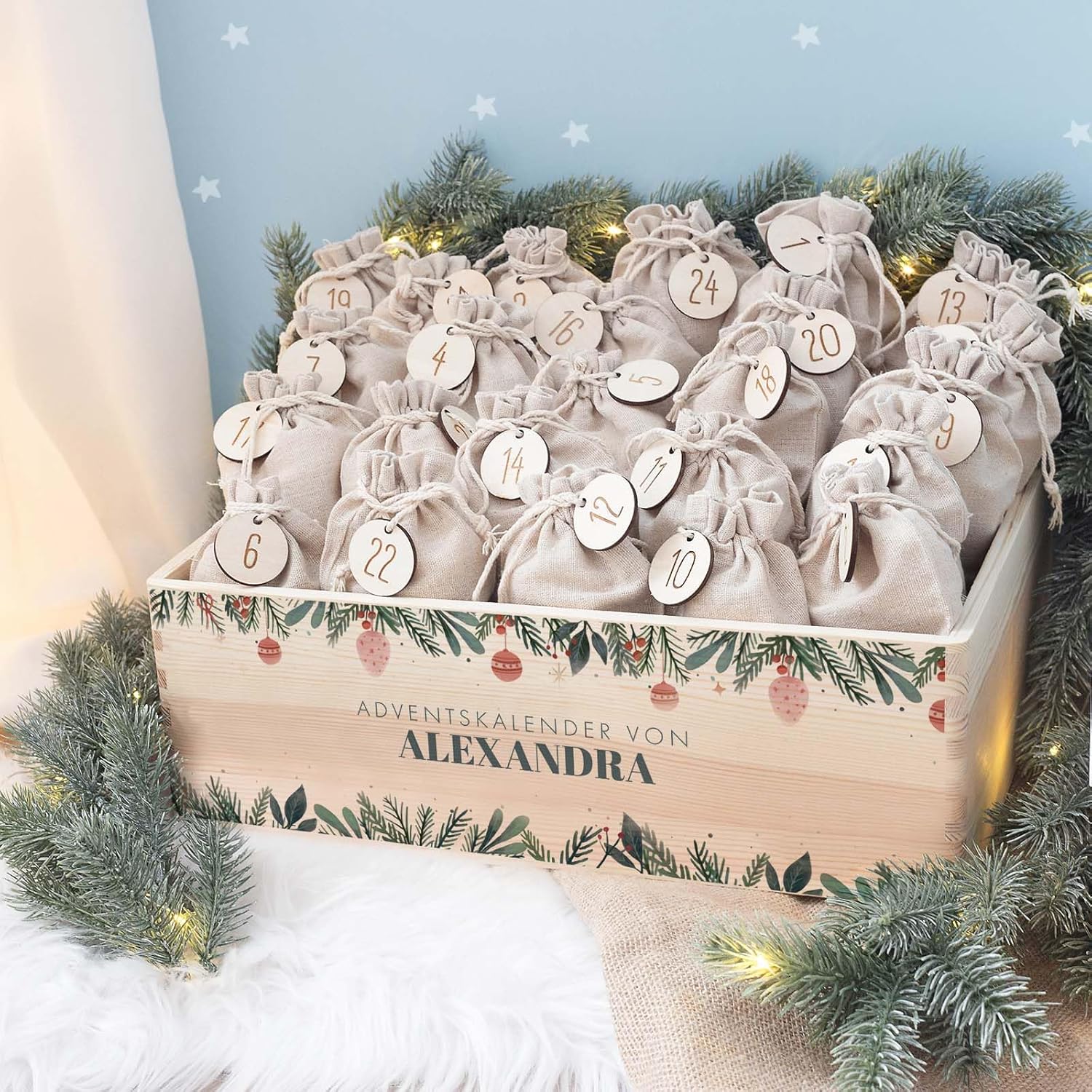 Personalized Advent Box - Wooden Advent Calendar with Name - Engraving Calendar DIY - Christmas Calendar for Children - Hello Mini (Branches Print)