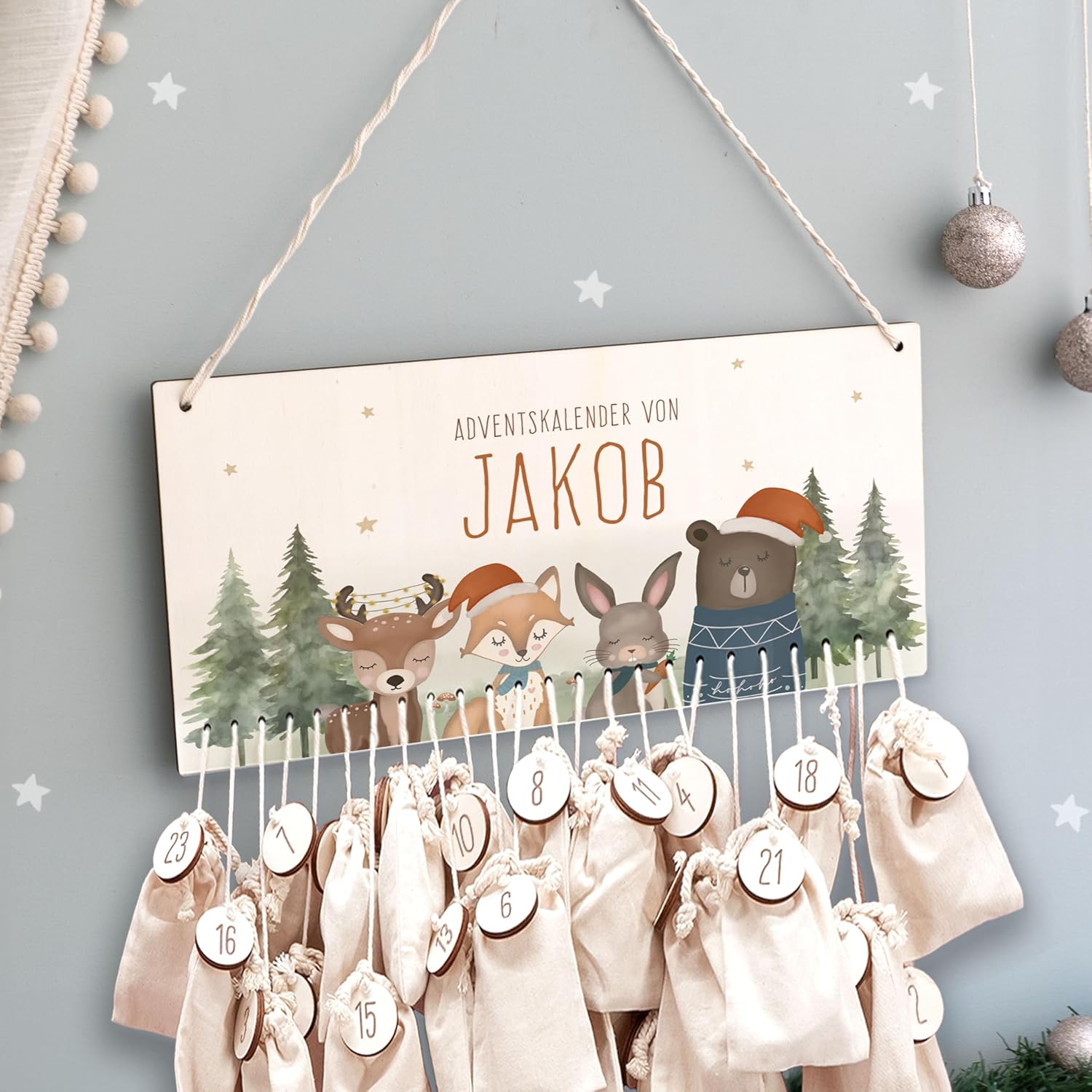 Advent Calendar Personalized for Children | Wooden Advent Calendar to Fill | Wall Mounted Christmas Calendar DIY with Name | Hellomini (Forest Animals)