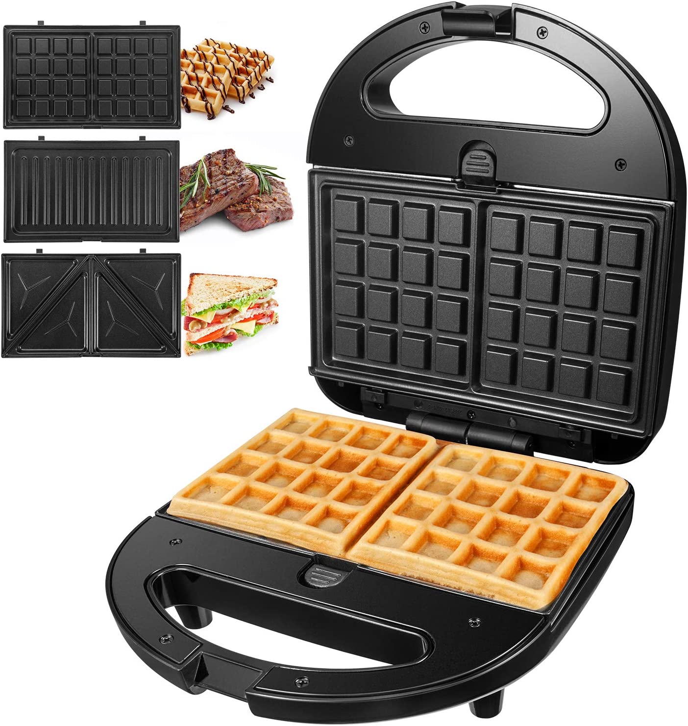 Tiastar DIDO Multifunktionsgerät 3 in 1 (Sandwichmaker ,Sandwichtoaster, Kontaktgrill, Waffeleisen,Panini Maschine),Antihaftbeschichtete abnehmbare Platten,750W,LED-Anzeigen, BPA frei, Schwarz