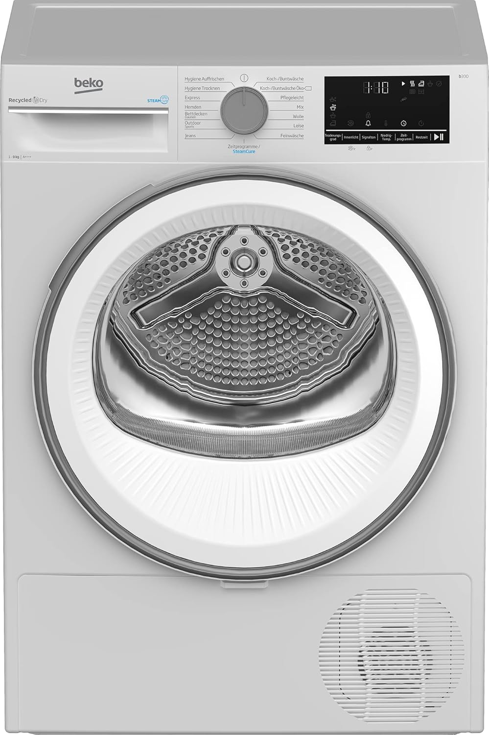 Beko B3T32491 Tumble Dryer, 9 kg, Front Loading Heat Pump Dryer, 15 Programs, Sensor Drying, Steam Function, Silent Program, Suitable for Allergy Sufferers, Columnar, Aquawave Gentle Drum, White