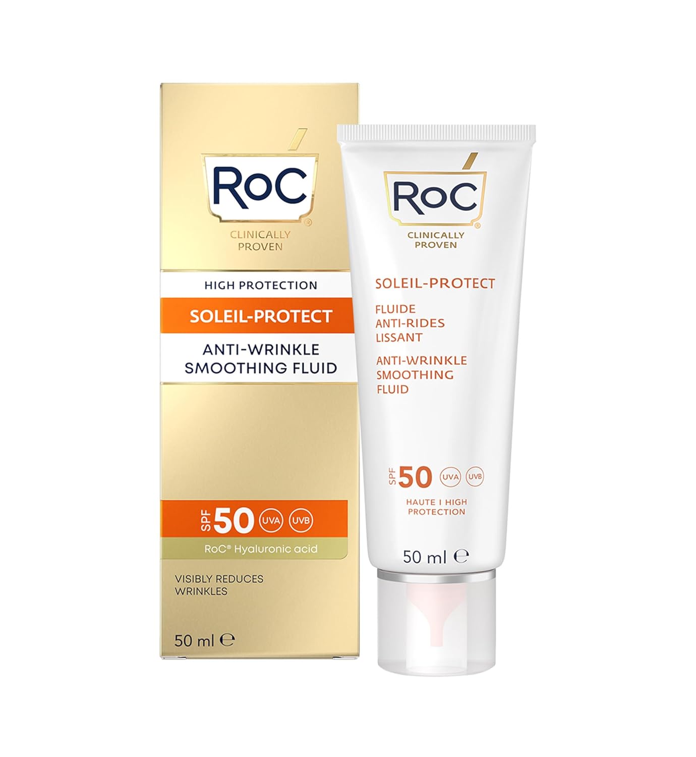 RoC - Soleil-Protect Anti-Wrinkle Smoothing Fluid SPF 50 - Face Cream - Anti-Wrinkle - UVA/UVB Protection - Sun Protection - 50 ml, White