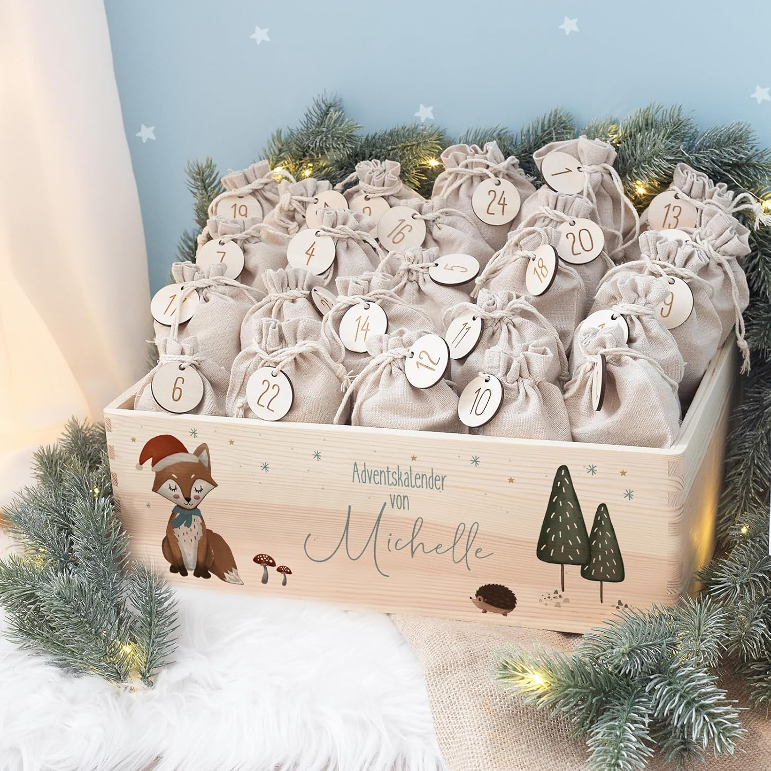 Personalized Advent Box - Advent Calendar 2024 Children Made of Wood with Name - Watercolor Print Calendar DIY - Christmas Calendar for Children - Hello Mini (Fox Print)