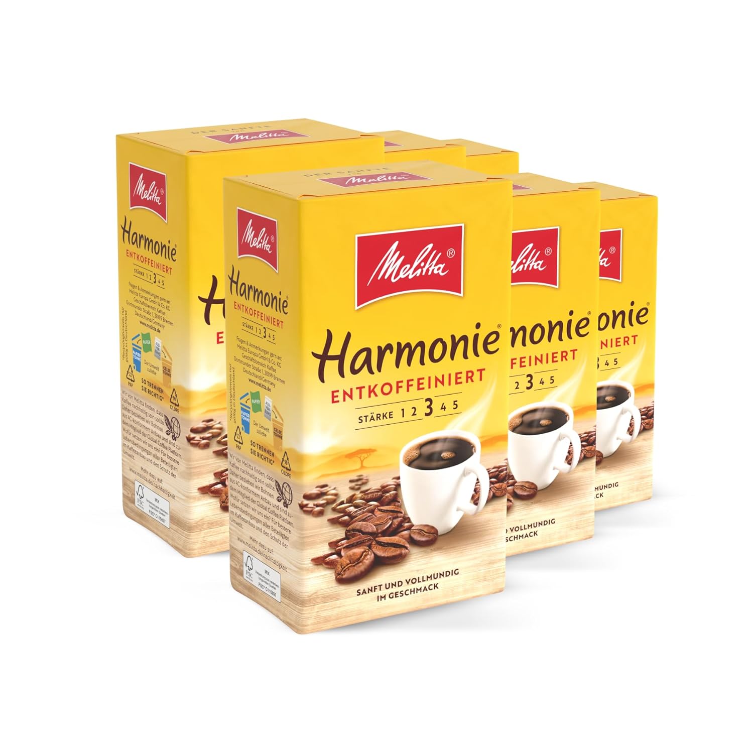 Melitta Harmonie Decaffeinated Filter Coffee 6 x 500 g, Ground, Powder for Filter Coffee Machines, Caffeine-Free, Mild Roasting, Roasted in Germany, in Tray