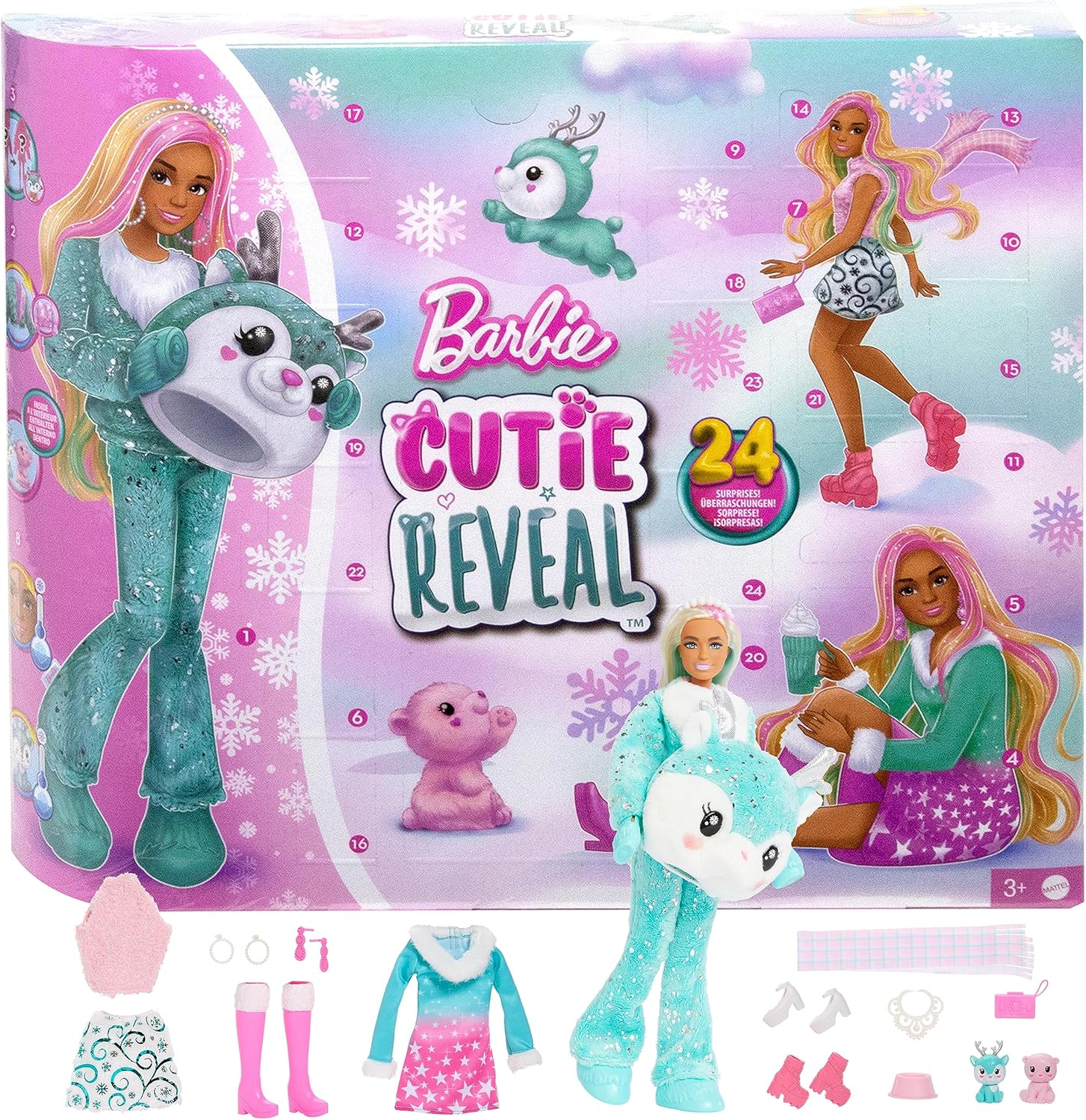 BARBIE Barbie Cutie Reveal Advent Calendar - 24 Surprises, Doll, Glitter Deer, Winter Outfits, Accessories, Mini Pets, for Children from 3 Years, HJX76