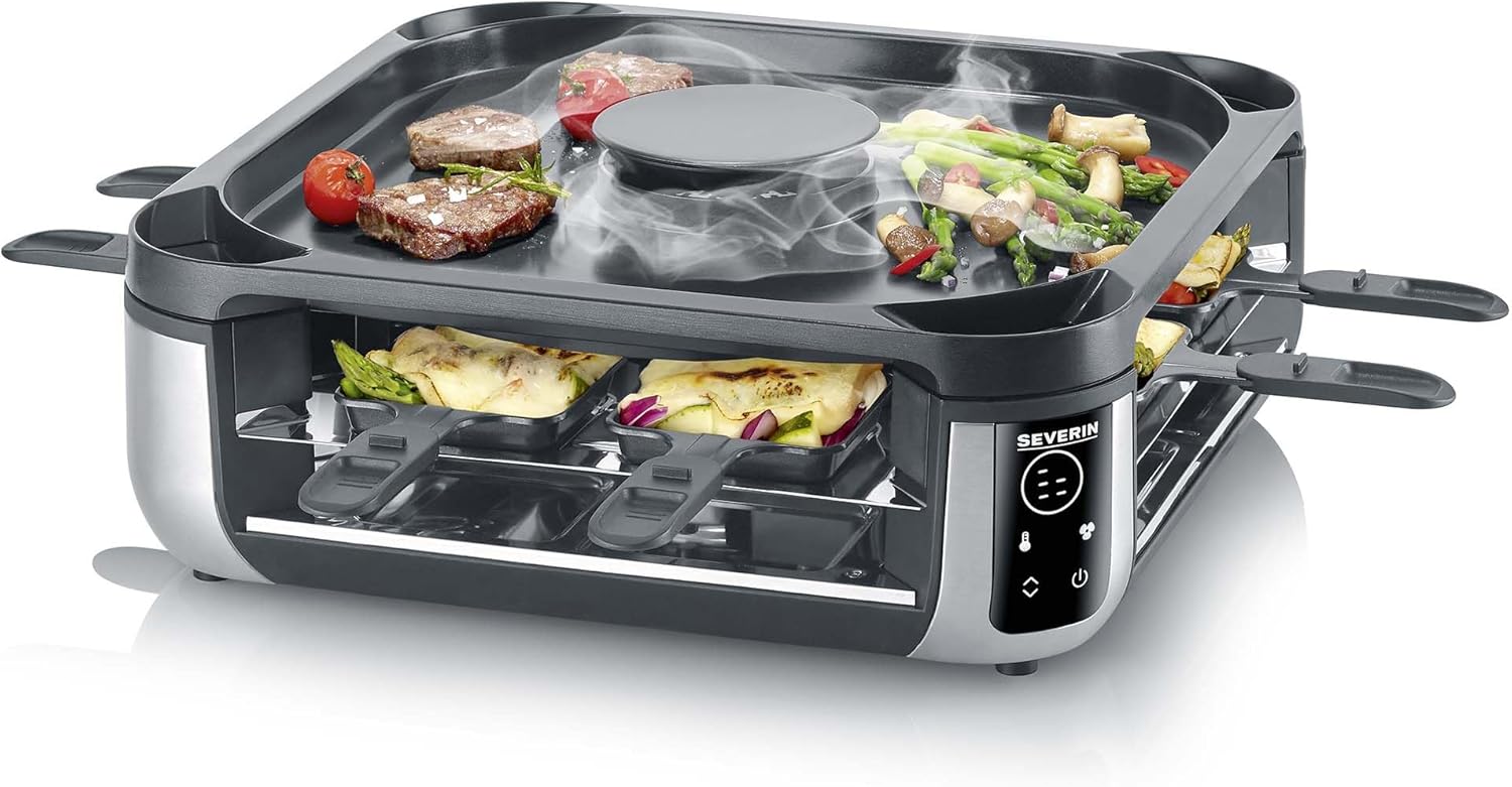 SEVERIN Sevento Raclette Grill with Integrated Recirculation Filter: Less Smoke & Odours, Digital Display, 8 Pans & 8 Spatulas, Scratch-Resistant ILAG Coating, up to 230°C, 1900W, Black, RG 2350