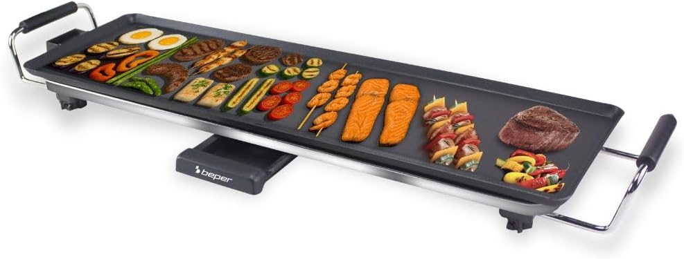 BEPER P101BBQ070 XL Electric Teppanyaki Grill 70 x 23 cm, Non-Stick Coating with Adjustable Thermostat, Heat Resistant Handles, Grease Tray and Removable Cable, 2000 W, BPA and PFO