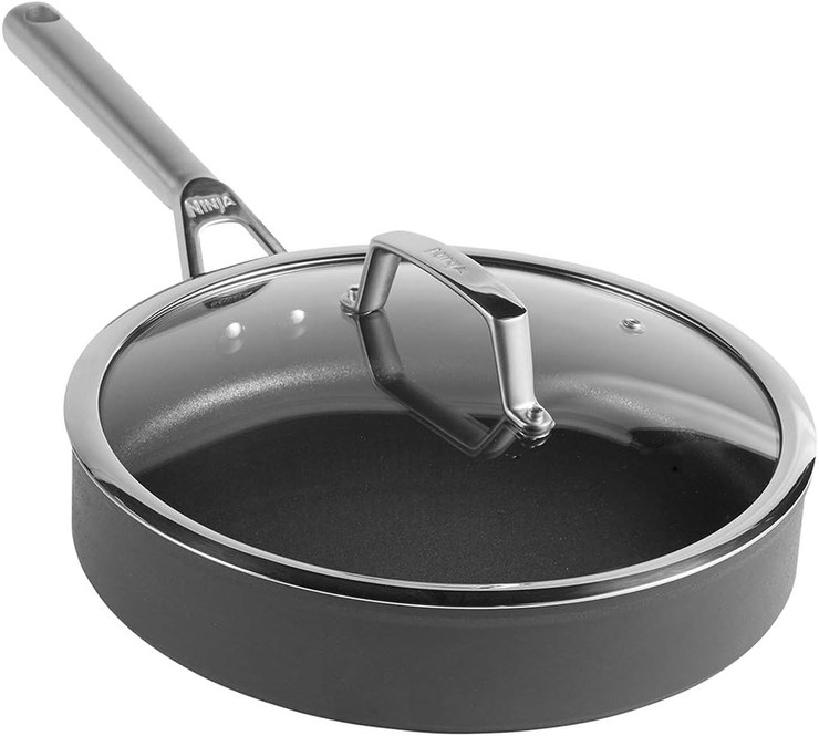 Ninja ZEROSTICK C30126UK Premium Cookware, 26 cm Sauté Pan with Glass Lid, Durable, Non-Stick, Hard Anodized Aluminum, Induction Safe, Oven Safe to 500 F, Grey