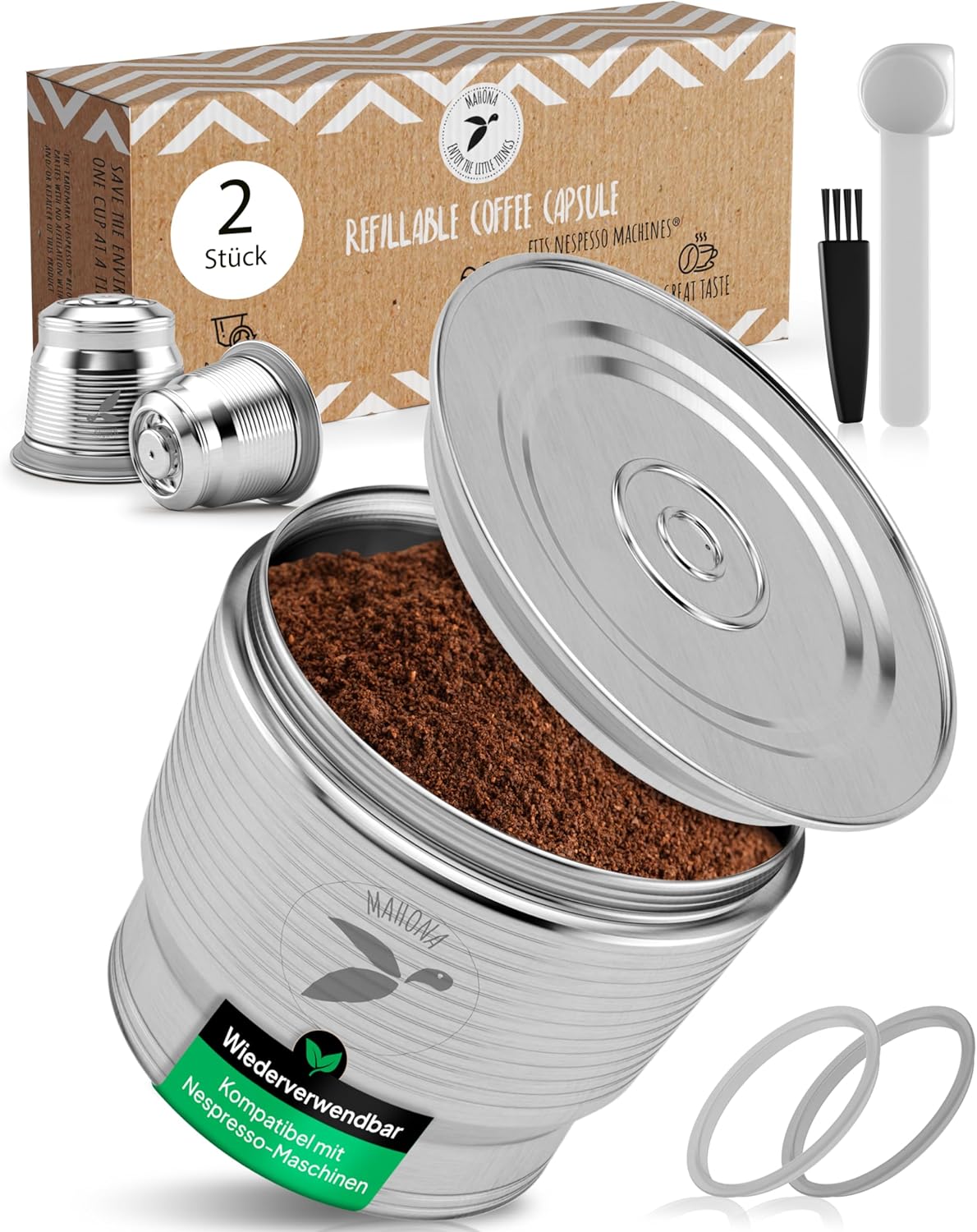 mahona 2 Pack Refillable Reusable Nespresso Capsule Coffee Capsule Stainless Steel Permanent Metal Zero Waste Espresso Capsule Compatible with Nespresso Coffee Machines