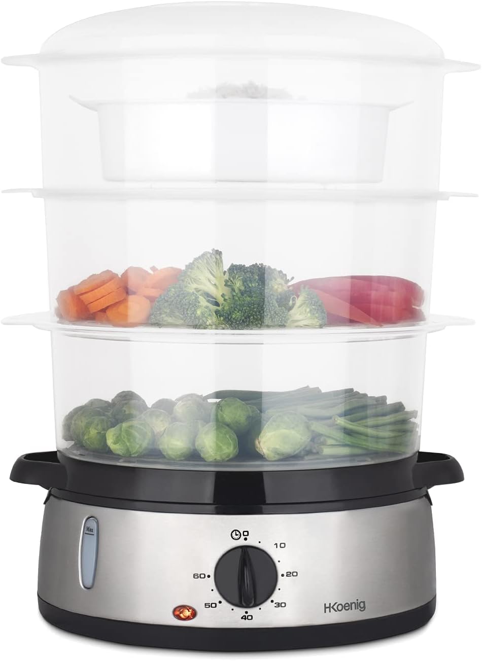 H.Koenig Electric Steamer VAP10 Stainless Steel Multifunction 9L Programmable Compact Professional 3 Removable Stackable Baskets for Eggs/Vegetables/Rice, 60 Minute Timer