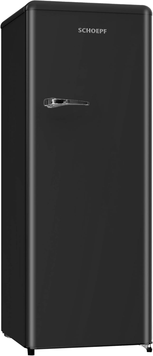 SCHOEPF RKS245 Full Room Fridge 145.6 cm - Retro Design - 238 L - LED Lighting - Height Adjustable Feet - 40 dB - Freestanding - Vintage Look - Drinks Fridge, Standard Fridge (Black)