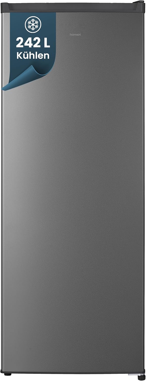 homeX Large Fridge without Freezer, Freestanding Full Room Fridge - 242 Litres, Quiet Standing Fridge, Large XXL Fridge, Drinks Fridge, 5 Shelves, LED Lighting, 143 cm High, Silver