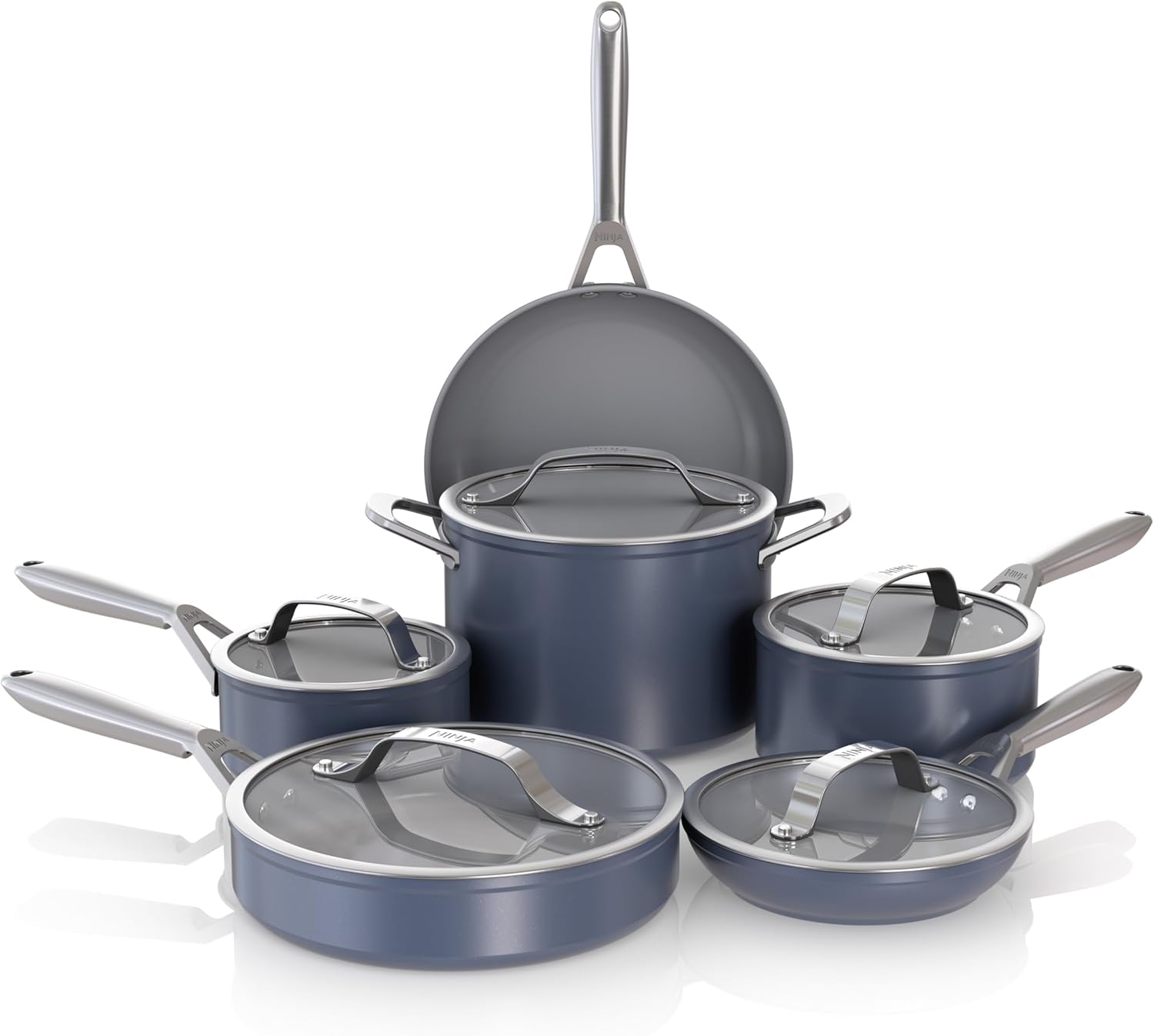 Ninja Ceramic Pro CW39011MM Non-Stick Cookware Set, Pots and Pans, Set with Glass Lid, PTFE Free, Ceramic Coated, Oven Safe, All Hob Types and Induction Compatible