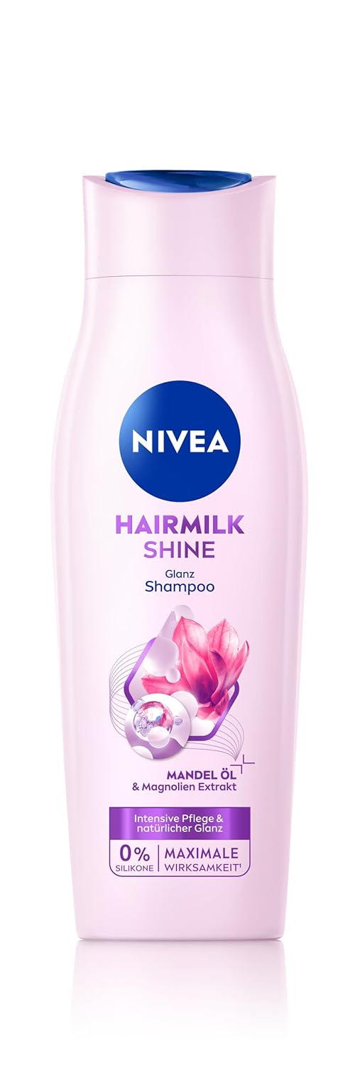 NIVEA Hairmilk Shine Shine Shampoo (250 ml), Care Shampoo without Silicone* for Dry Hair with Almond Oil & Magnolia Extract, Hair Shampoo Nourishes and Regenerates Intensively