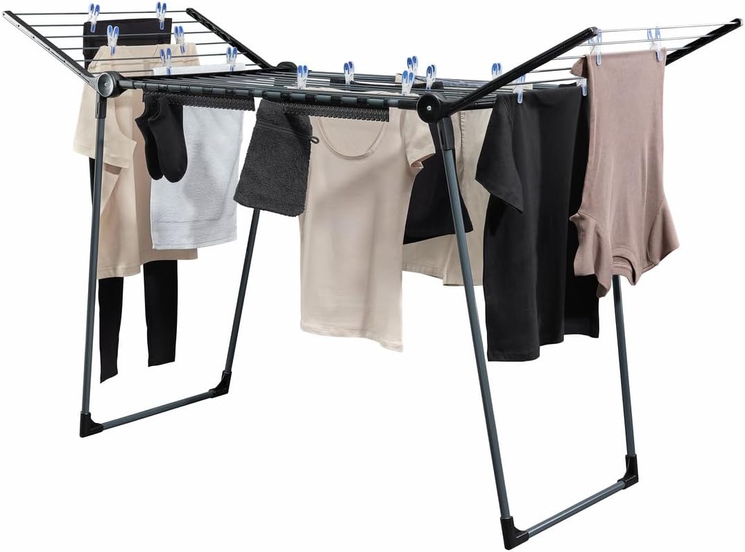 Leifheit Store Leifheit Pegasus 180 Solid Black Clothes Airer with Wings for Long Garments, Stable Clothes Dryer Stand for Indoor and Outdoor Use, Laundry Corner in Modern Design