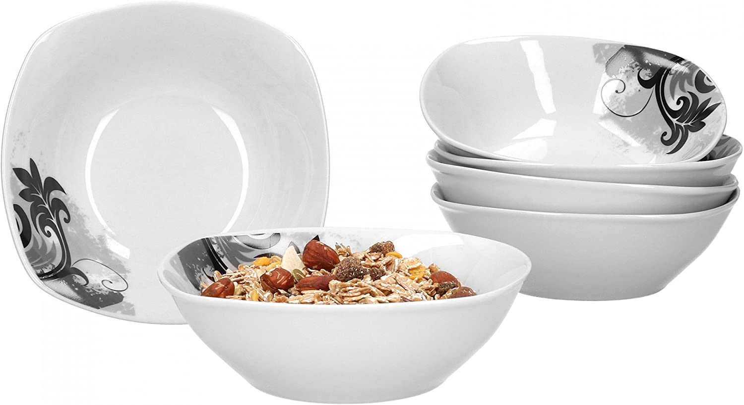 Van Well 6 bowls muesli salad Black Flower Tableware plates Porcelain Ceramic white with black decor