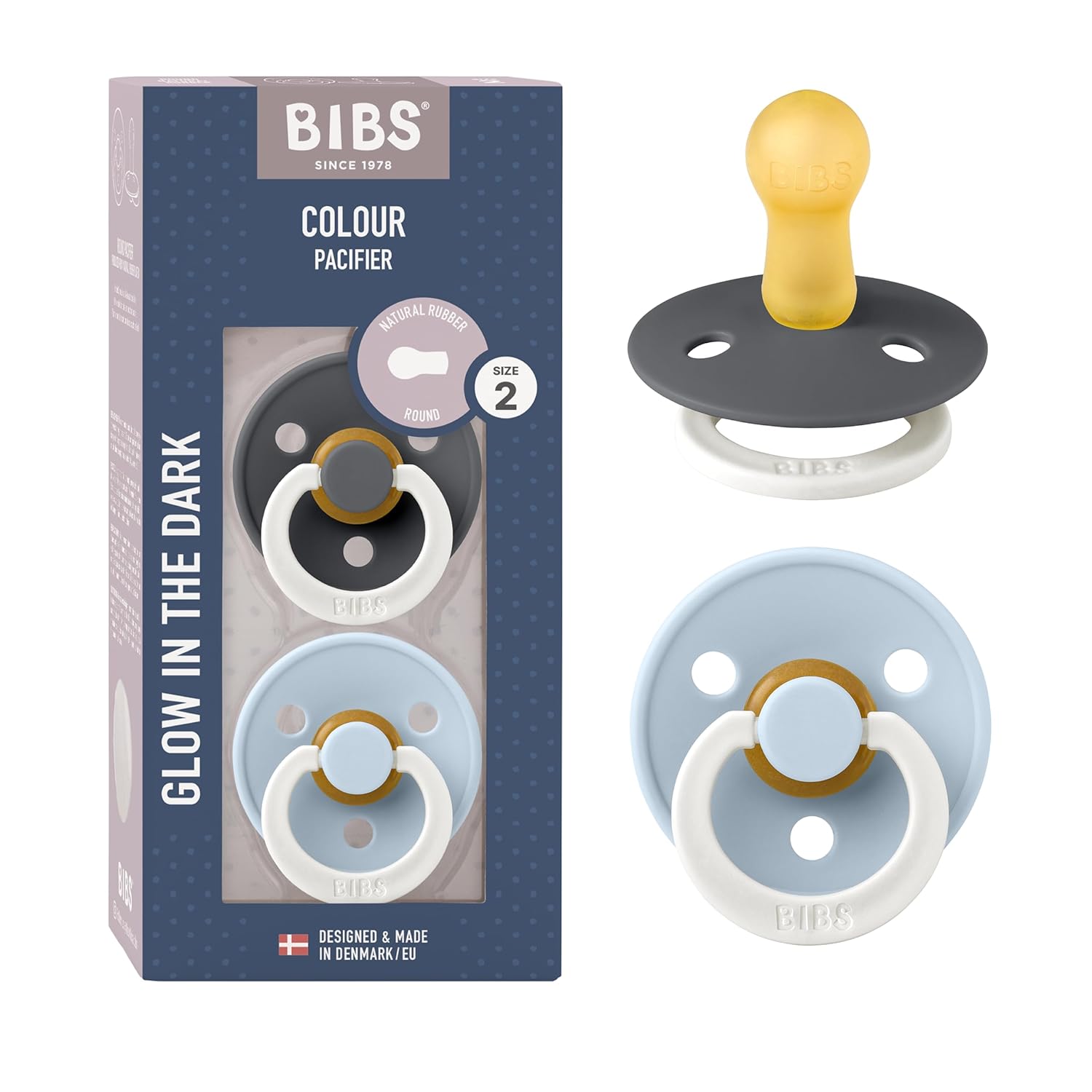 Bibs Dummies, 2-Pack of Colorful Dummies, Natural Rubber Danish Dummies in a Cherry Shape