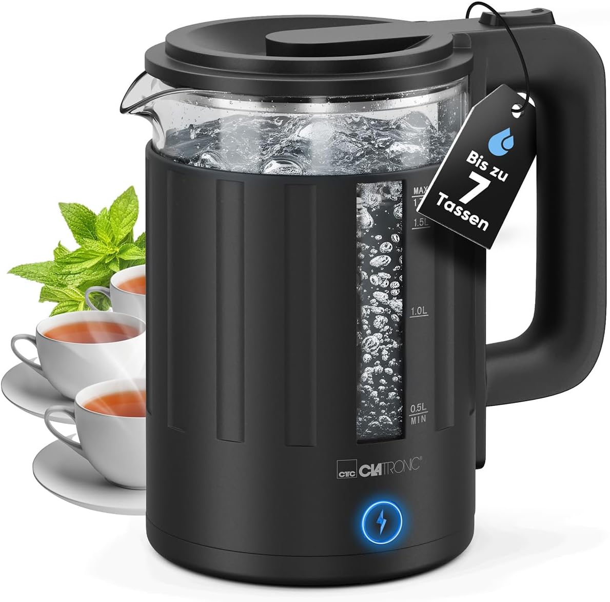 Clatronic WK 3837 Glass Kettle | 1.7 liters | BPA Free | One-Hand Operation | Heat-Insulated Housing | Kettle | Kettle | with Cable Winder | Black