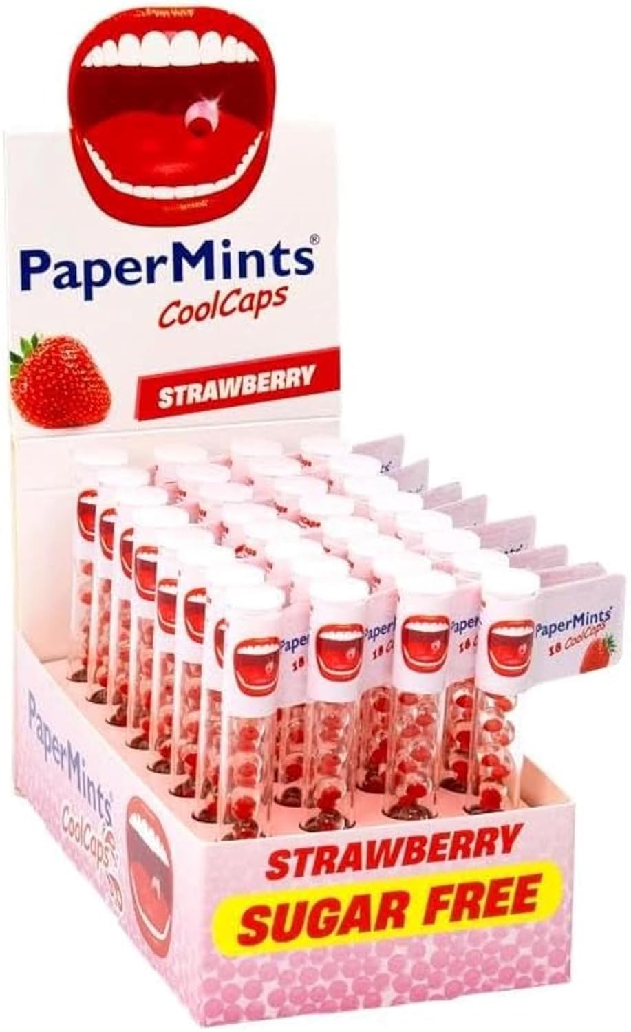 PaperMints CoolCaps - Sugar Free Strawberry Beads for Fresh Breath, Dry Mouth & Bad Breath - Display, 32 Tubes of 18 Capsules
