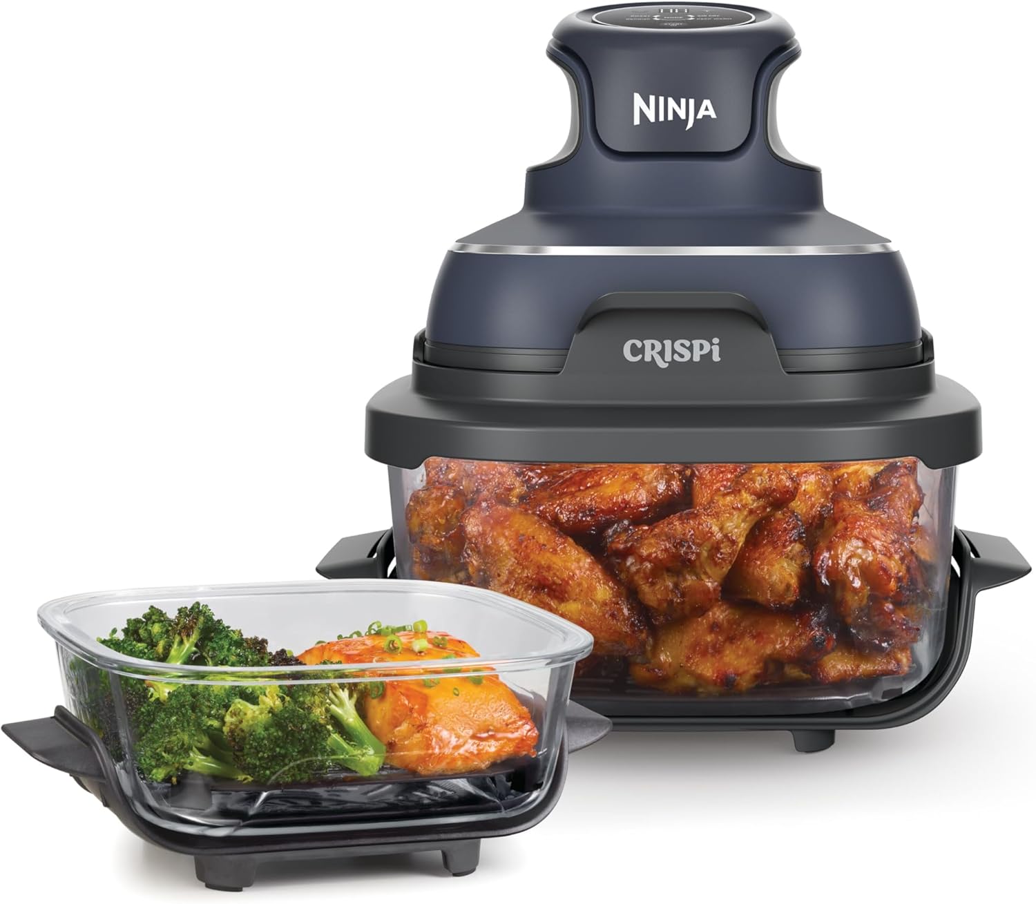 Ninja CRISPi Portable Airfryer 3.8L 4-in-1: Hot Air Frying, Roasting, Keeping Warm, Recrisp, Compact, 6 Servings, 2x Removable Glass Containers & Lids 1700W, Grey FN101EUGY