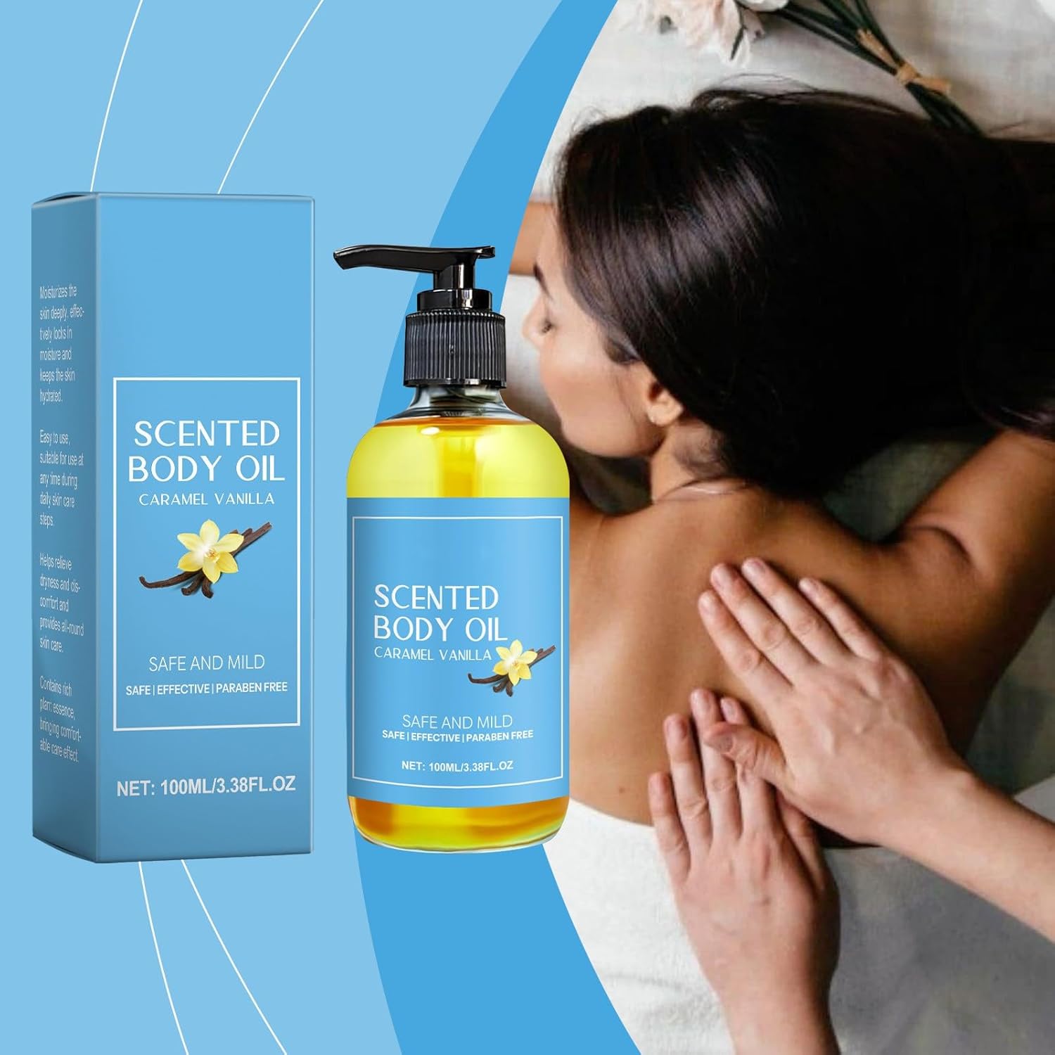 Generic Caramel Body Oil, Moisturising, Moisturising, Soothing, Nourishing, Skin Massage Oil, 100 ml KbL310 (Sky Blue, 4.1 x 13.2 cm)