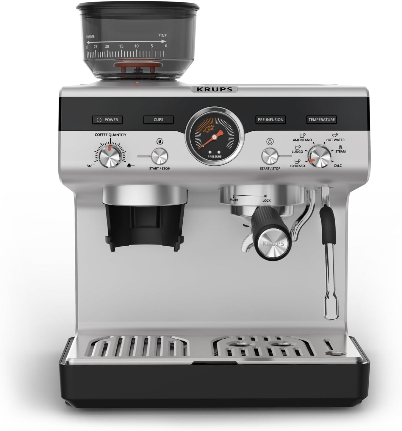 Krups Precision XP801T10 Manual Portafilter Machine with Grinder, Barista Coffee Machine with Intuitive Control Panel, Pre-Infusion Settings, Espresso Machine with Steam Nozzle, Quick Heating,