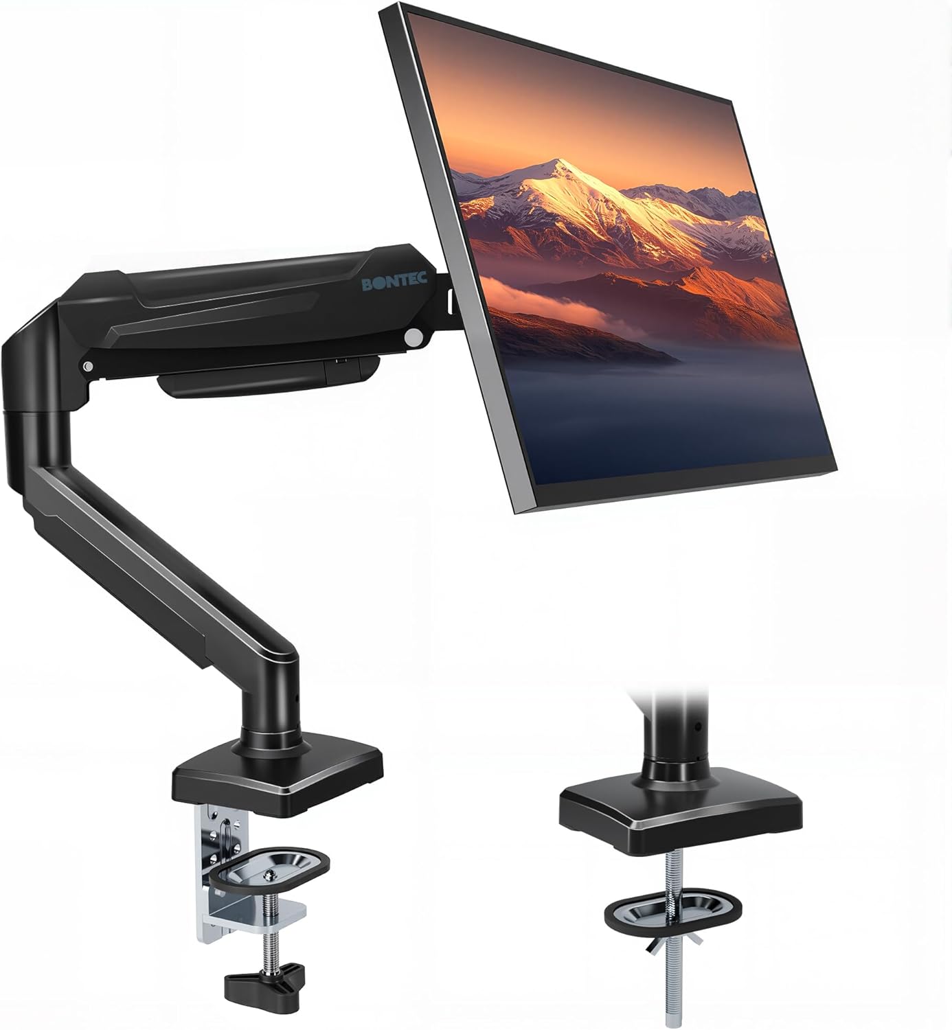 BONTEC Store BONTEC Monitor Arm with Gas Spring for 15-32 Inch Monitors, 360° Rotation, ±90° Tilt and Swivel, VESA 100x100 Mount, Sturdy Desk Mount with Cable Management, C-Clamp or Through Desk Mounting