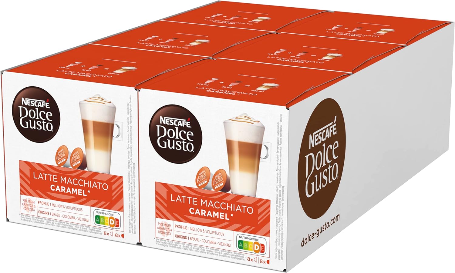 NESCAFE DOLCE GUSTO NESCAFÉ Dolce Gusto Latte Macchiato Caramel, 96 Coffee Capsules, Arabica Robusta Mix, Fine Caramel Aroma and Delicious Milk Froth, Aroma Sealed Capsules, Pack of 6 (6 x 16 Capsules)