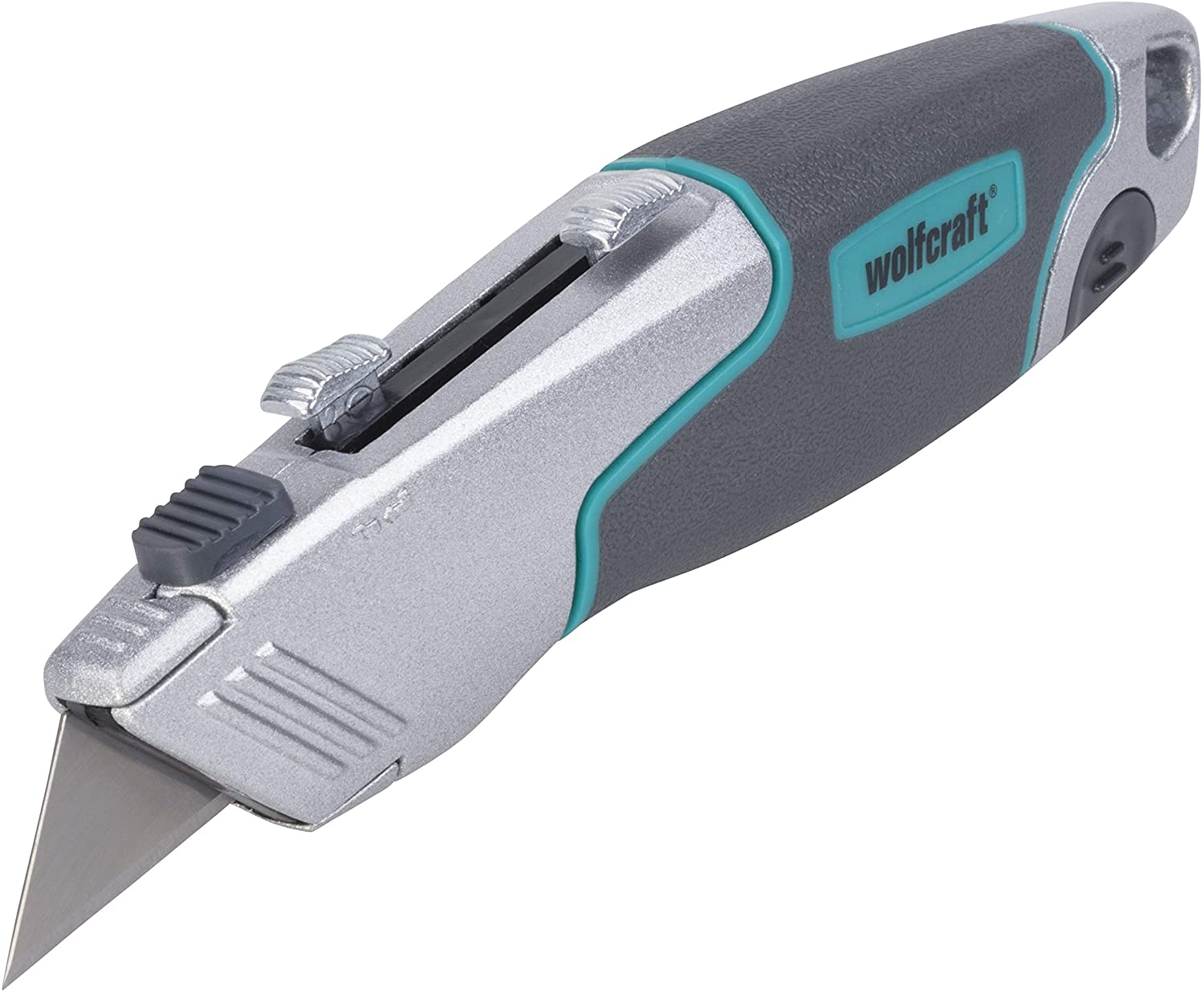 Wolfcraft Professional Dual Blade Knife 420000 - Practical 2-in-1 Knife with Hook and Trapezoidal Blade - Two Sliders for Tool-Free Blade Change - With 2 Interchangeable Blades