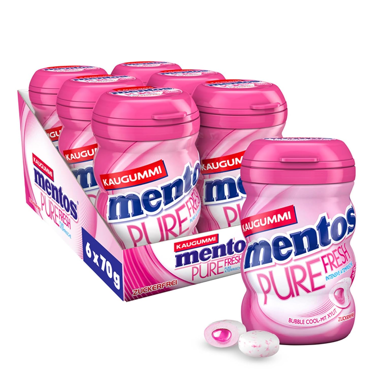 MENTOS Store Mentos Pure Fresh Bubble Cool Chewing Gum, Sugar-Free, with Fruit Flavor & Liquid Filling, 6-Box Multipack (6 x 70 g)