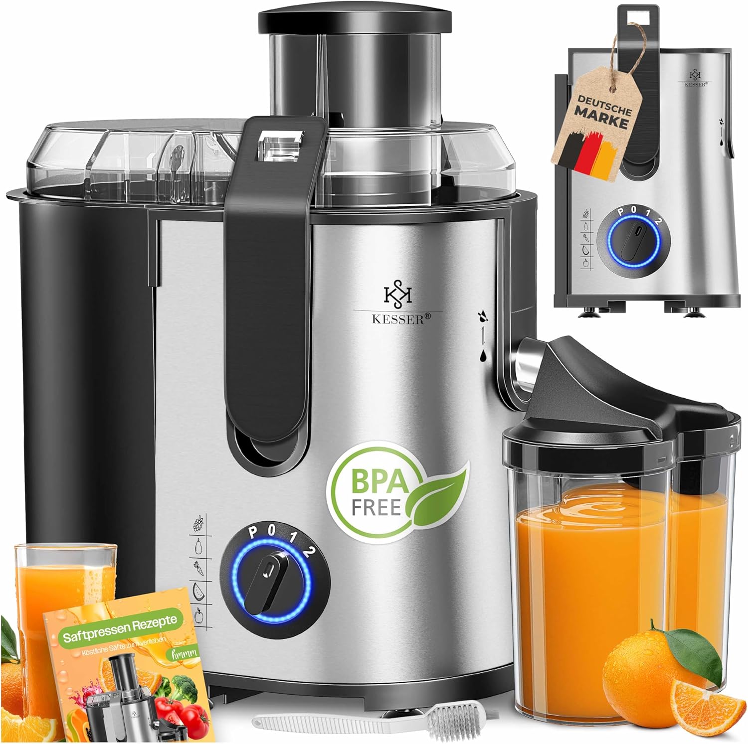 KESSER® juicer for fruit and vegetables made of stainless steel 1100W large 85 mm filling opening incl. Juicer Juicer Cleaning Brush and Juice Container 3 Speed Levels