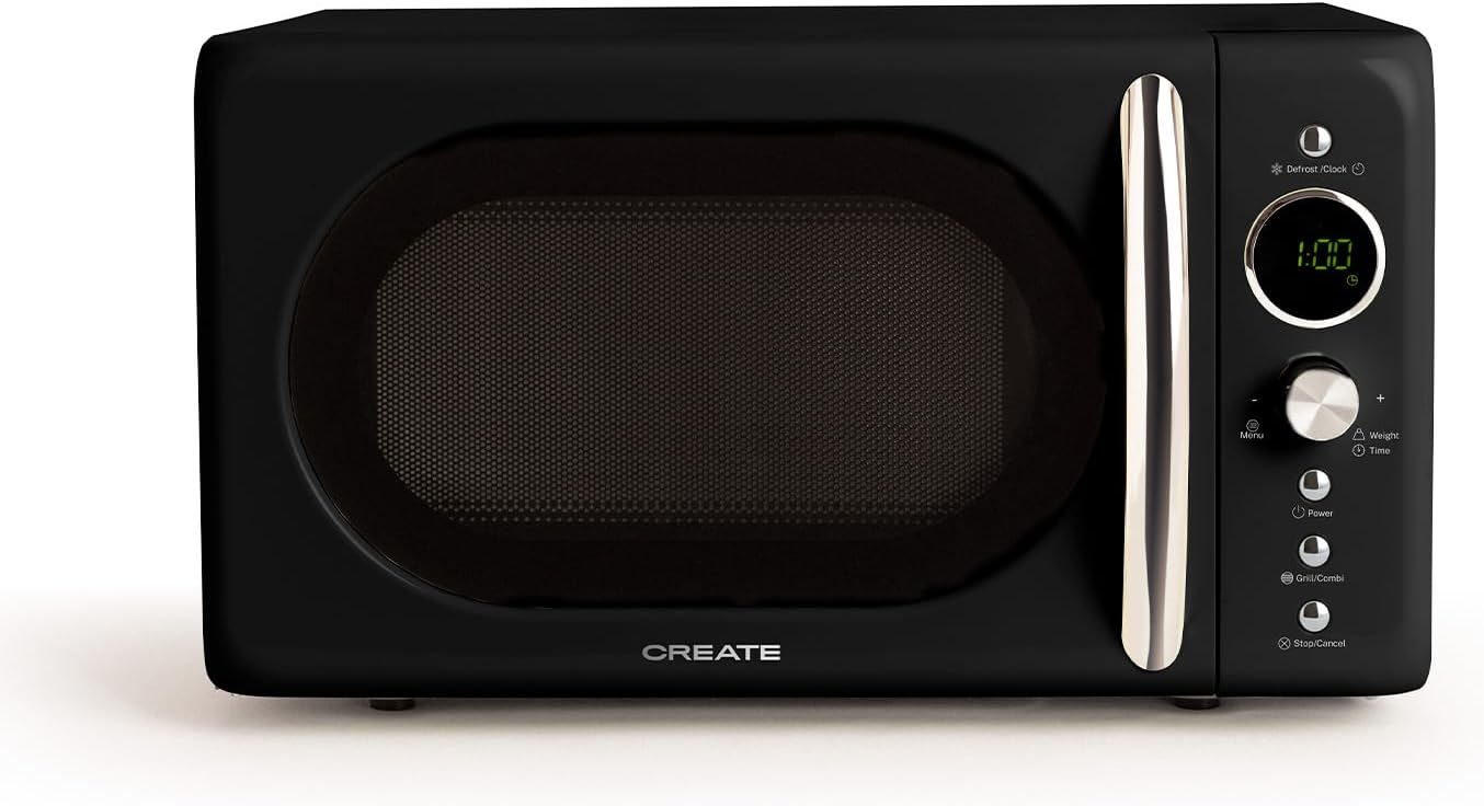 CREATE Microwave Retro Digital Microwave with Grill Function, Black/Retro Style, 20 L Capacity, Diameter 245 mm Tableware, 3 Programs, 9 Pre-Installed Menus, Multi-Level Cooking, LCD Display