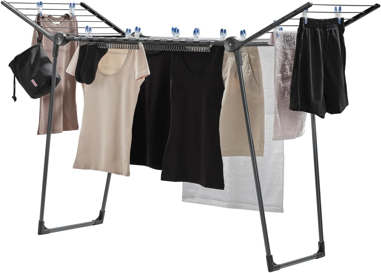 Leifheit Store Leifheit Pegasus 150 Solid Black Edition, Stable Clothes Horse with Wings, Also Suitable for Long Garments, Particularly Narrow, Fits Through Tight Doors