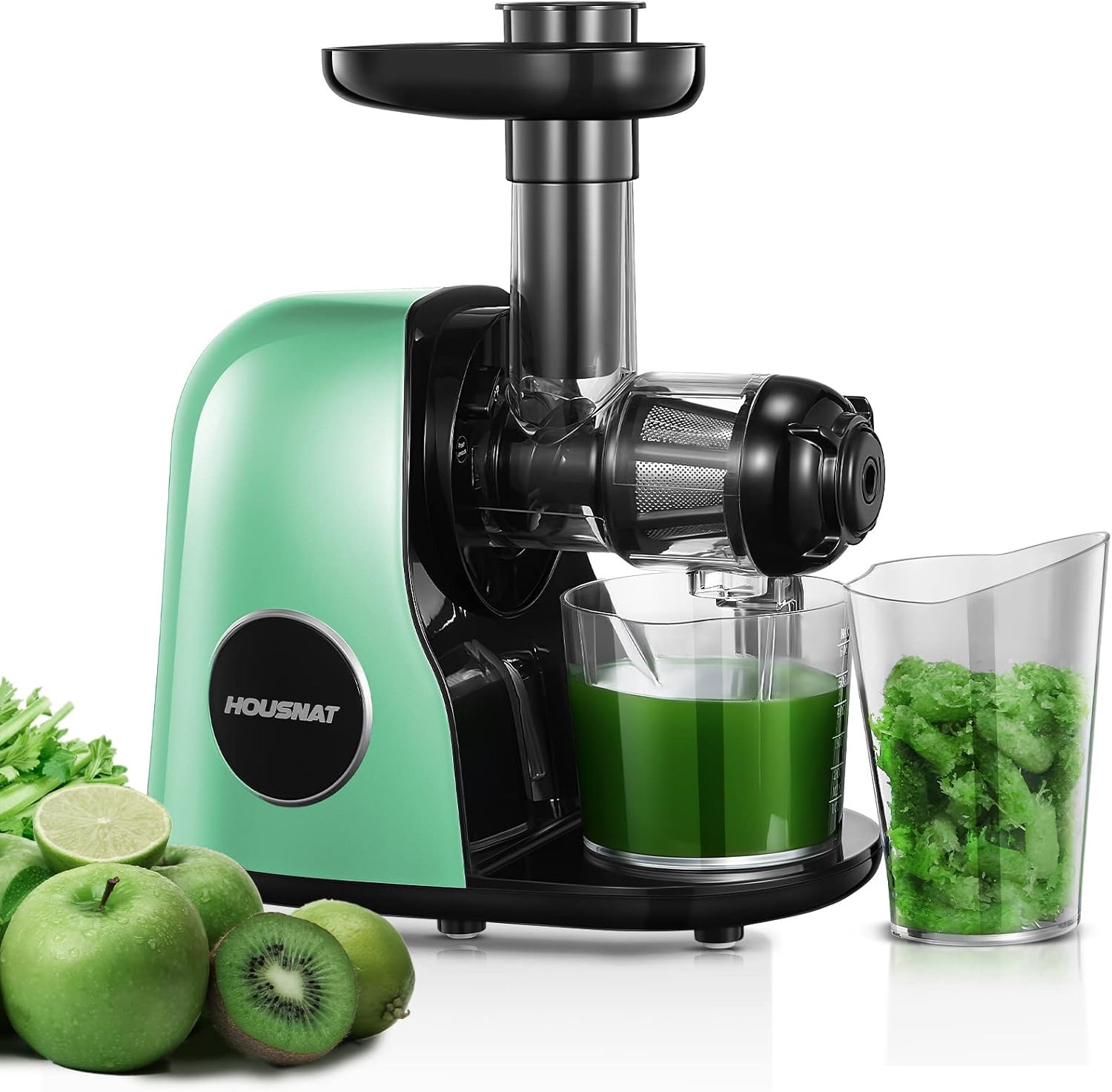 HOUSNAT Slow Juicer, Juicer Vegetable and Fruit, Professional Juicer with Quiet Motor, Reverse Function, Juice Jug, Cleaning Brush, 2 Filter Elements, BPA Free (Green)
