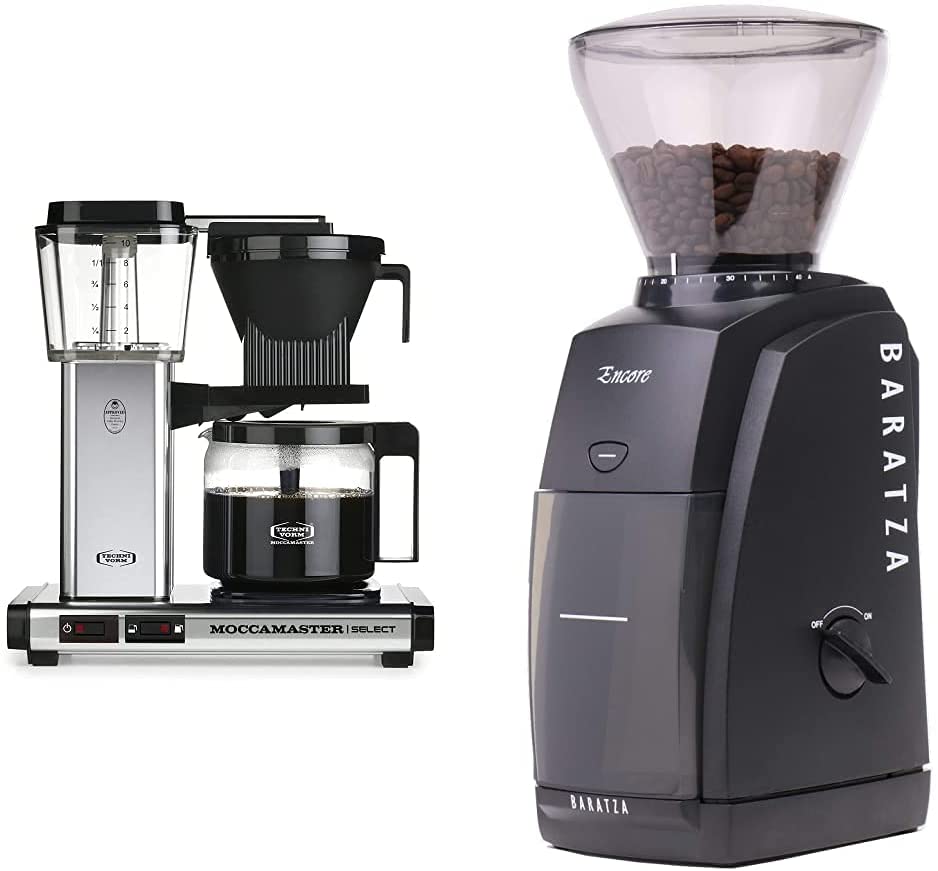 Moccamaster Filter Coffee Machine KBG Select, 1.25 Litres, 1520 W, Polished Silver & Baratza Encore Electric Coffee Grinder with Conical Grinder, Black