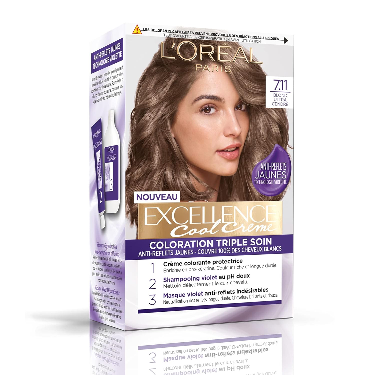 L\'ORÉAL PARIS - Permanent Hair Dye Triple Care Against Yellow Tint Covers 100% White Hair - Excellence Cool Cream - Shade Ultra Ash Blonde (7.11)