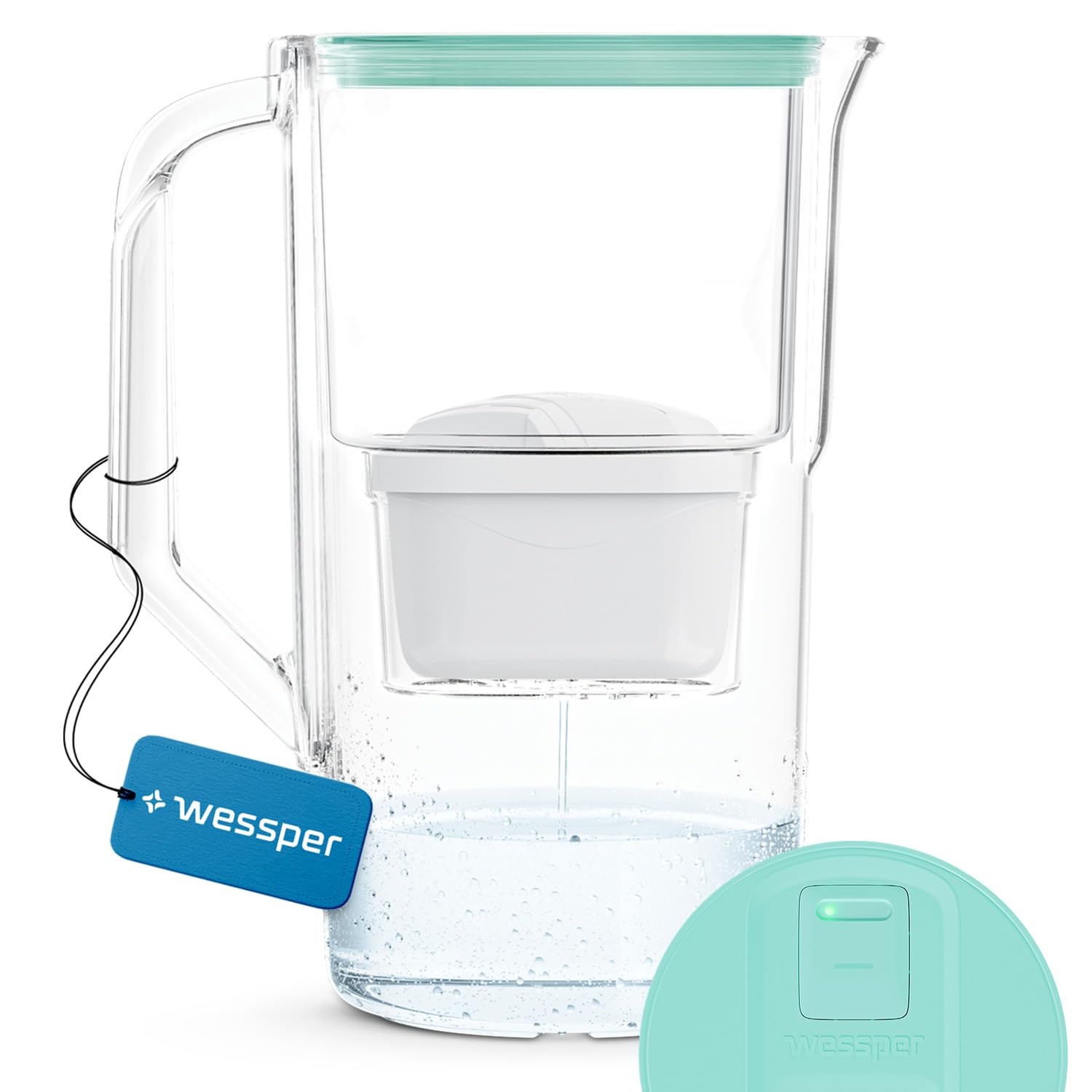 Wessper Water Filter Jug 2.8 L with LED Counter Cartridges Replacement for Dafi Unimax Aquaphor A5 Brita Maxtra+ Philips AWP212/10 Water Filter Cartridges 1 Water Filter Jug + Water Filter - Mint