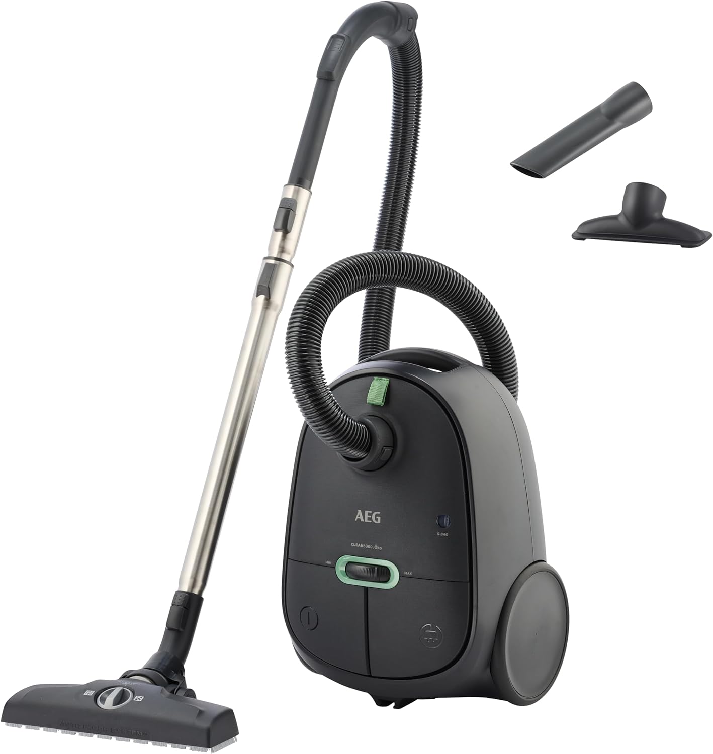 AEG Clean 6000 AB61C1OKO Eco Vacuum Cleaner, High Suction Power, Additional Nozzles, XL Wheels, Stainless Steel Telescopic Tube, 65% Recycled Material, 12 m Cable, 850 Watt, Accessories, Grey