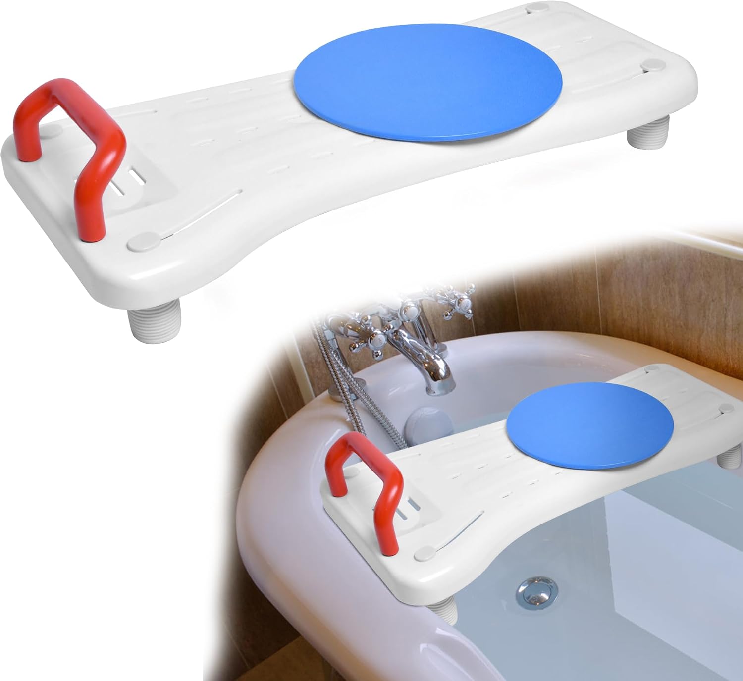 Suusolny Bath Seat for Seniors 75.5 x 34 cm Bath Board for Sitting Adjustable 41-63 cm Seat Board Bath Board Soap Dish & Ergonomic Handle 150 kg - Red Handle + Turntable