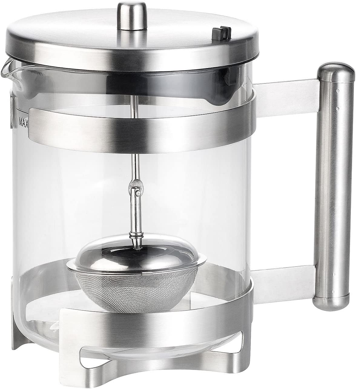 ROSENSTEIN & SOHNE Rosenstein & Söhne Pull up teapot strainer: borosilicate glass teapot, tea strainer, stainless steel handle & frame, 1 litre (glass pot)