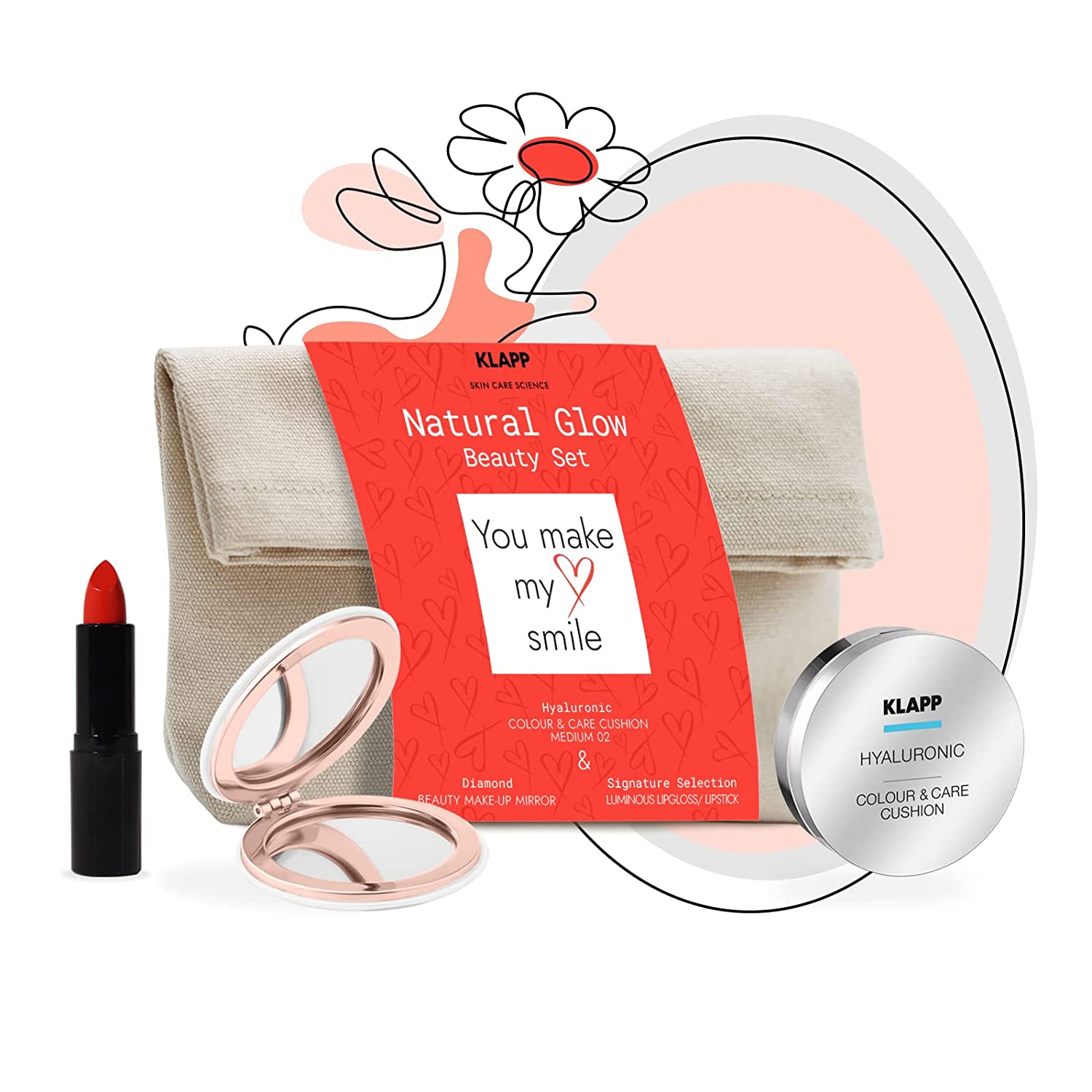 klapp Folding Cosmetics - Cushion Natural Glow Beauty Set (1 x Original Size Cushion Foundation, 1 x Mirror, 1 x Lipstick)