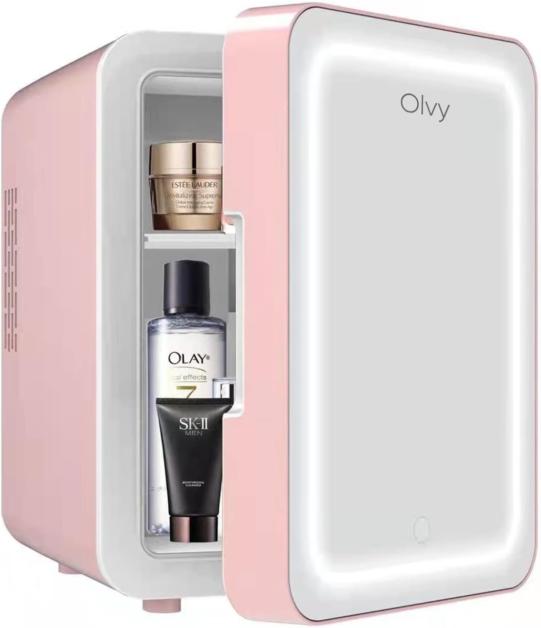 Olvy Cosmetic Fridge 4 Liters, Portable Mini Fridge with LED Mirror, Small Skincare Fridge, Cool and Hot for Room, Pink