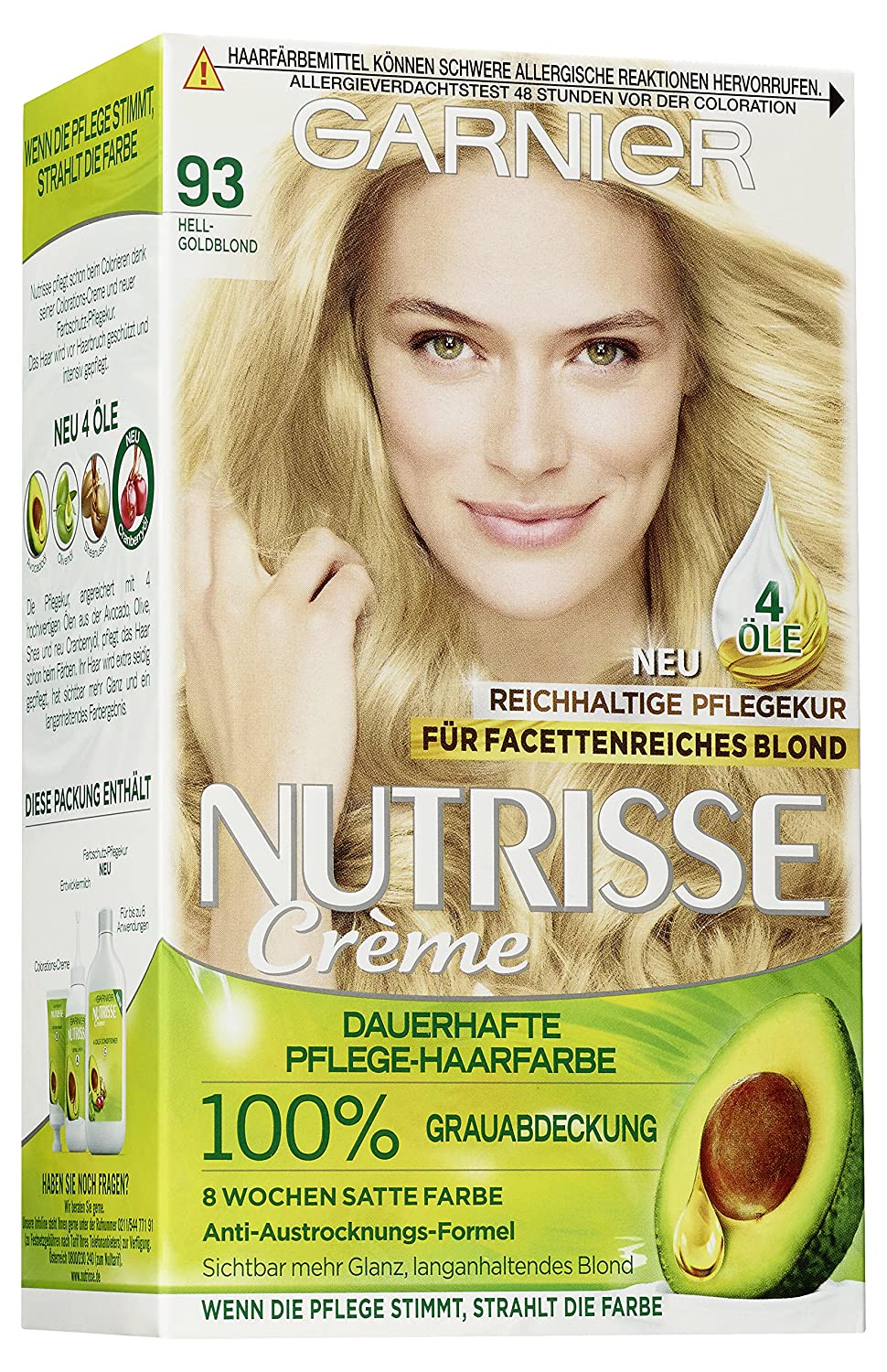 Garnier Nutrisse Cream Colouration Light Golden Blonde 93 / Colouring for Hair for Permanent Hair Colour (with 3 Nourishing Oils) - 3 x 1 Piece, ‎light-golden