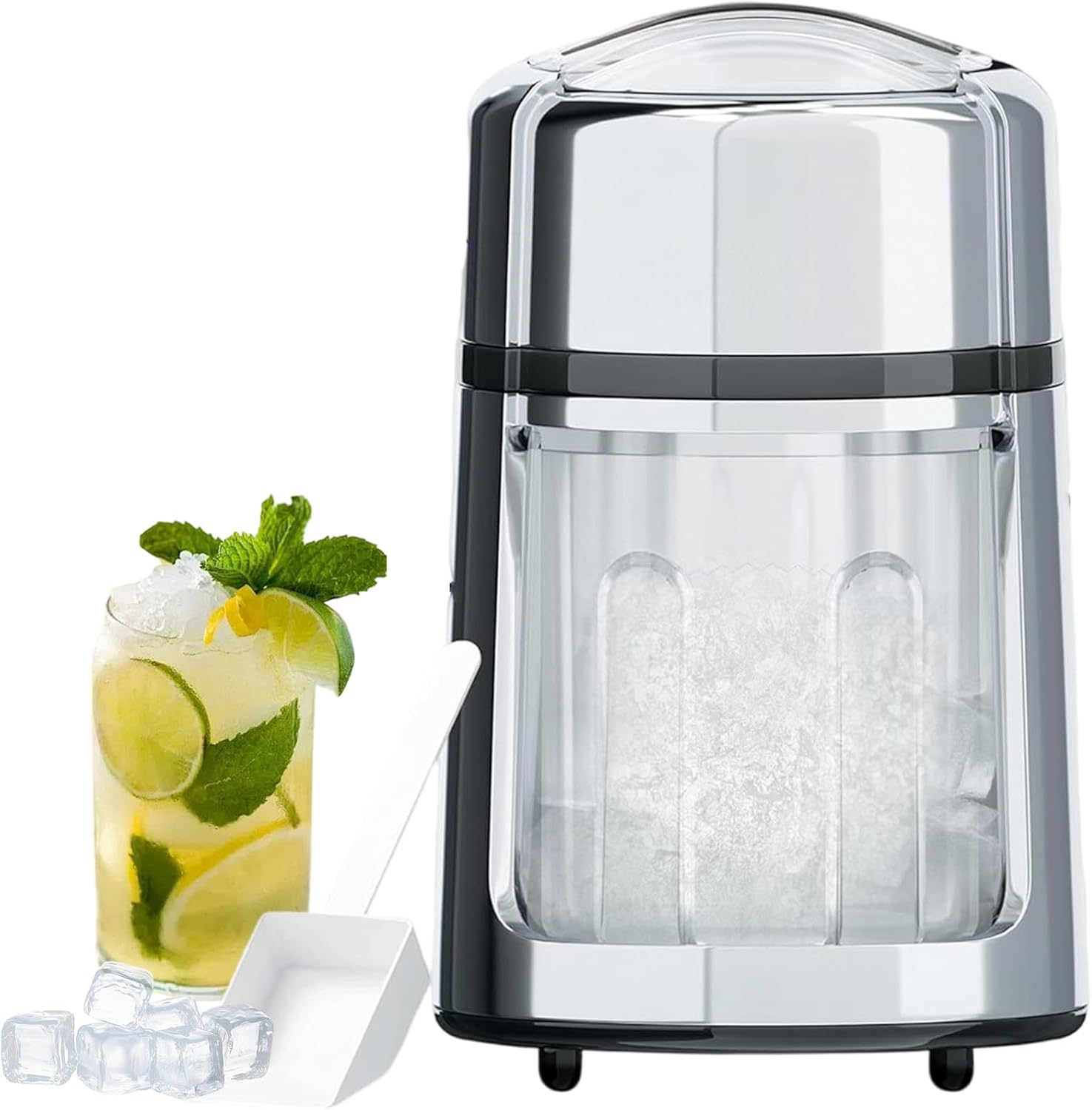 FIMLOY Ice Crusher - Manual Hand Crank Press with Integrated Stainless Steel Blades for Customizable Cubes - Bucket and Spoon Included (White)