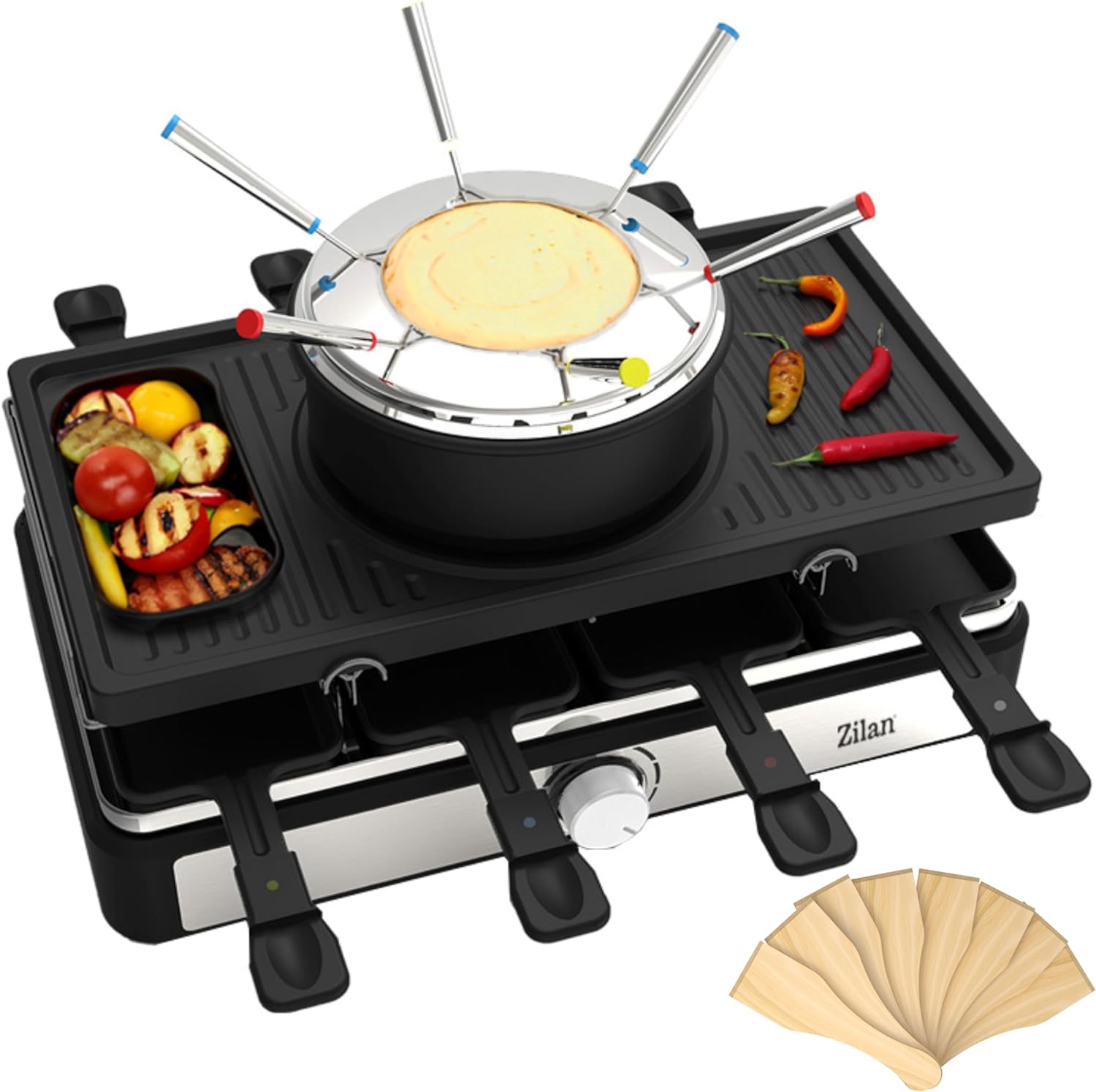 Zilan Raclette Grill with Fondue Set, Raclette Device, 8 People, Table Grill, Party Grill, Electric Grill, Raclette Grill, Solid Natural Stone and Coated Grill Plate, Heating Element Made of Stainless Steel
