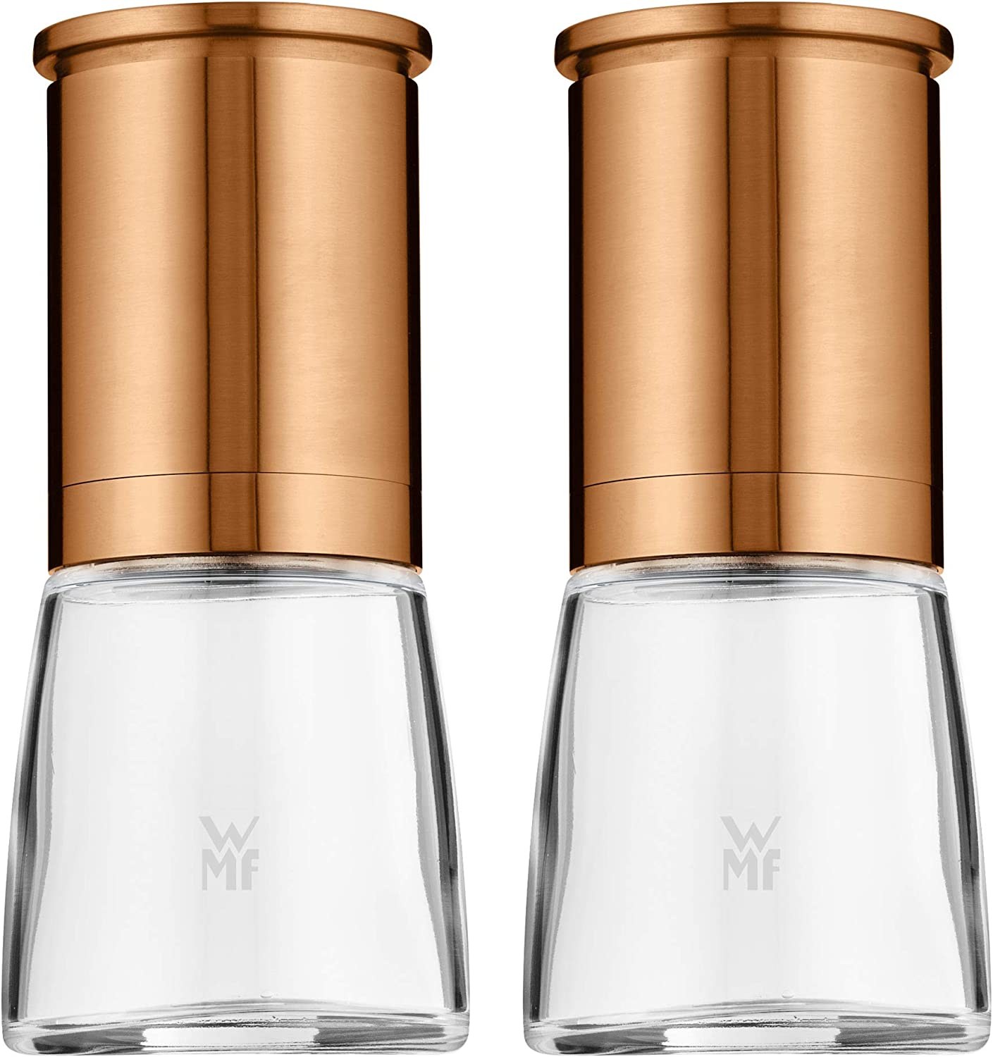 WMF De Luxe Salt and Pepper Mill Set 2 Pieces Unfilled 14 cm Glass Ceramic Grinder Mill for Salt Pepper Chilli Pepper Copper